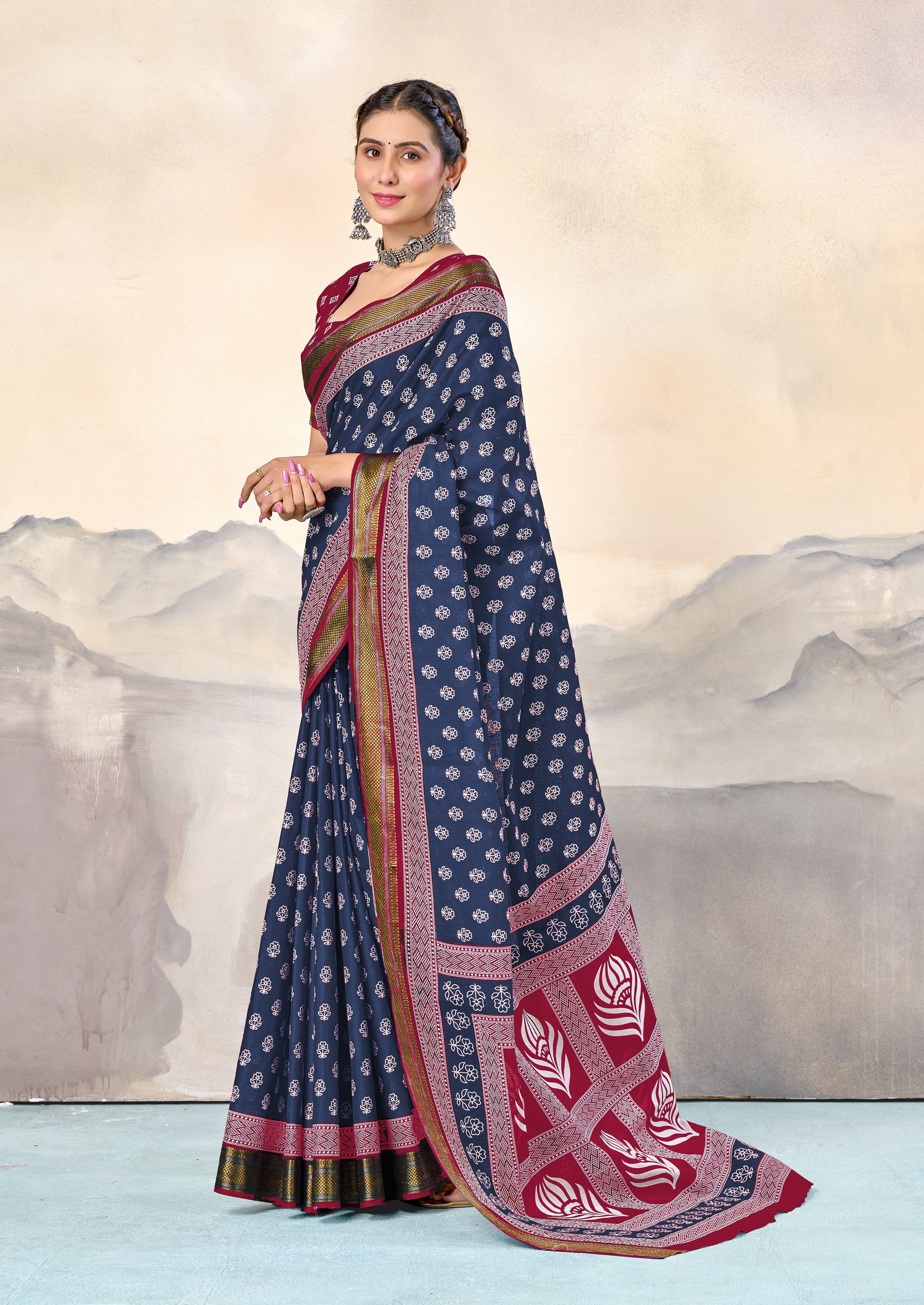 RASHMI PURE MULMUL HAND BLOCK PRINT WITH HEVAY ZARI BODAR BLUE AND PINK SAREE
