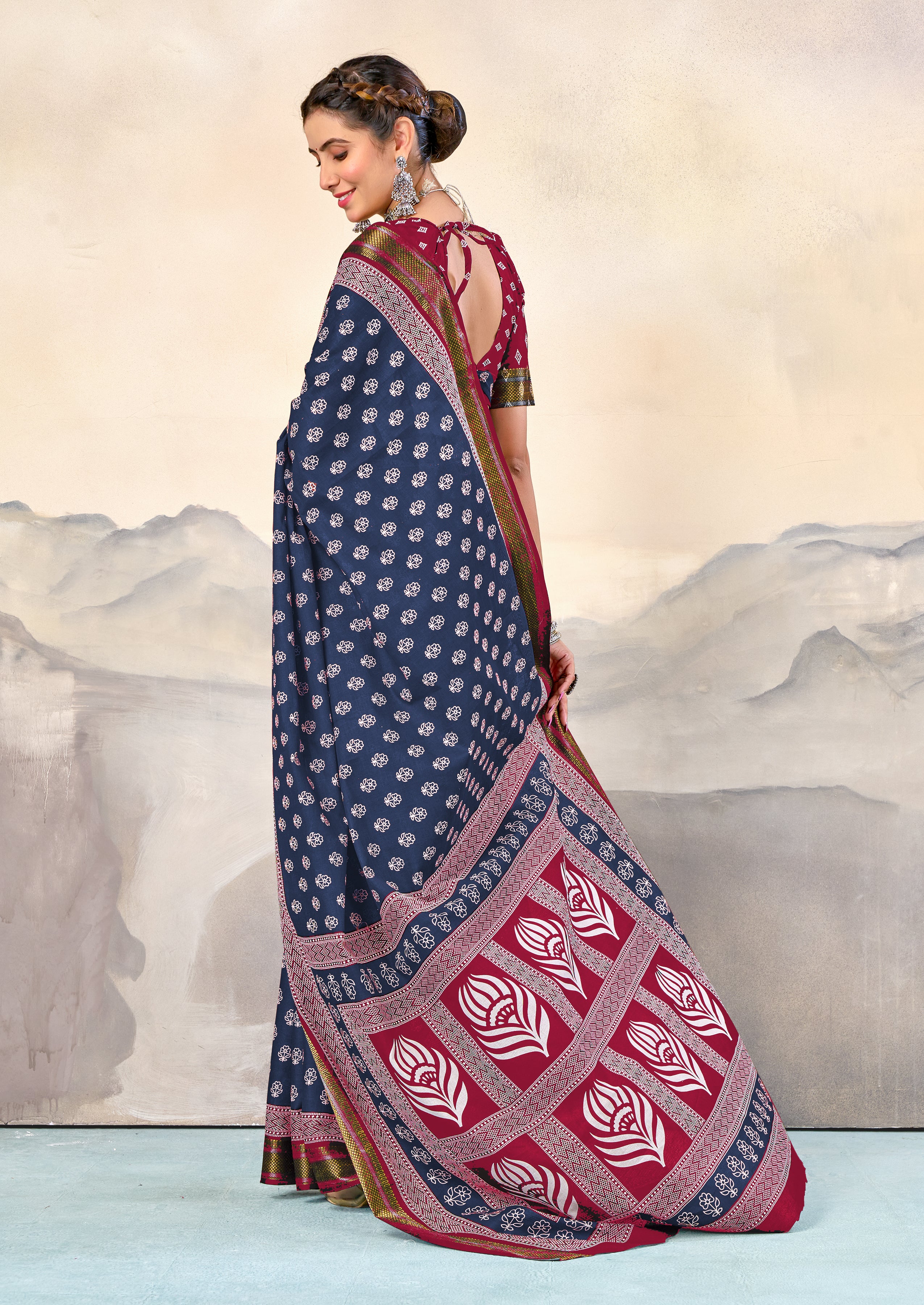 RASHMI PURE MULMUL HAND BLOCK PRINT WITH HEVAY ZARI BODAR BLUE AND PINK SAREE