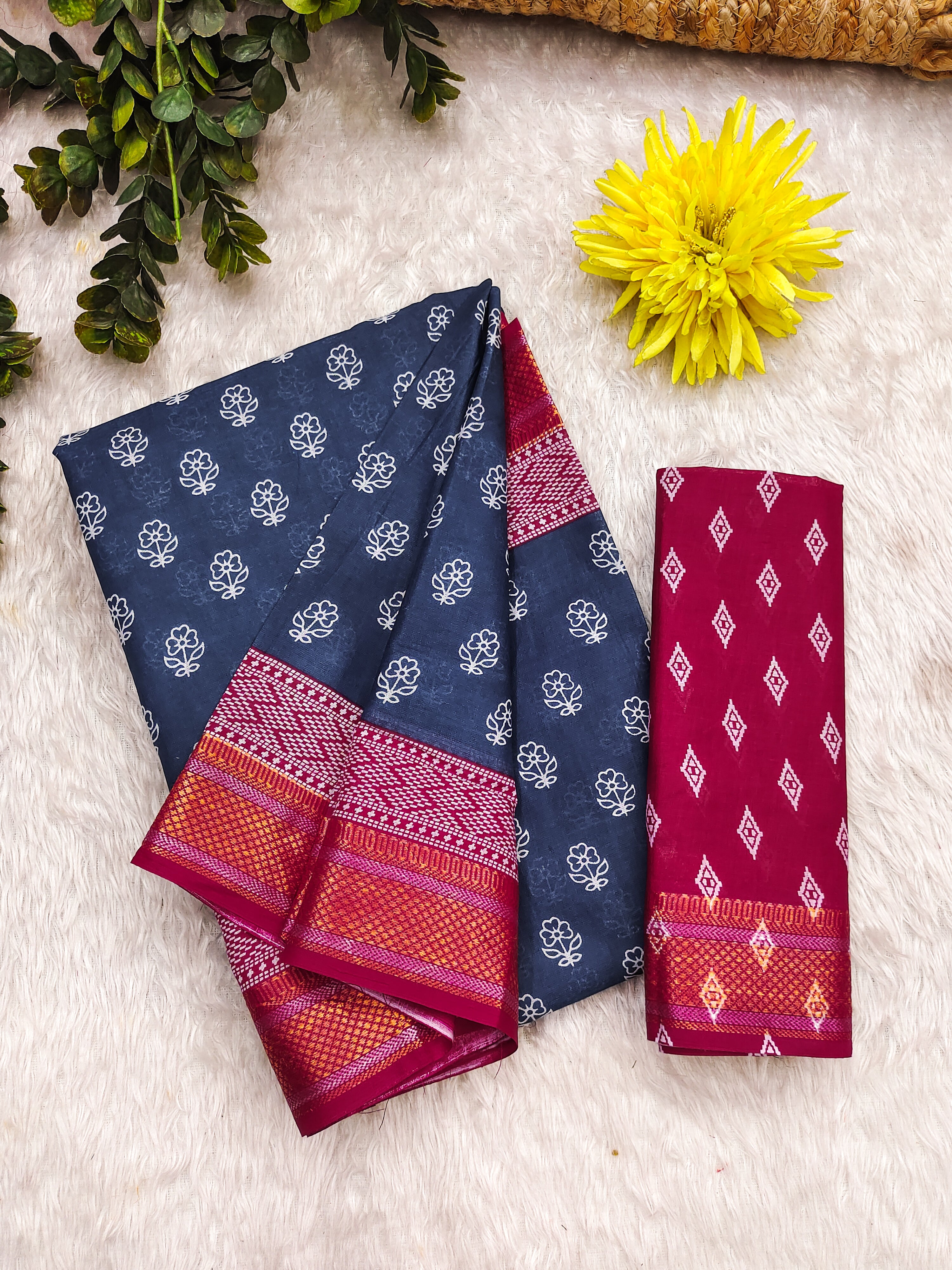 RASHMI PURE MULMUL HAND BLOCK PRINT WITH HEVAY ZARI BODAR BLUE AND PINK SAREE