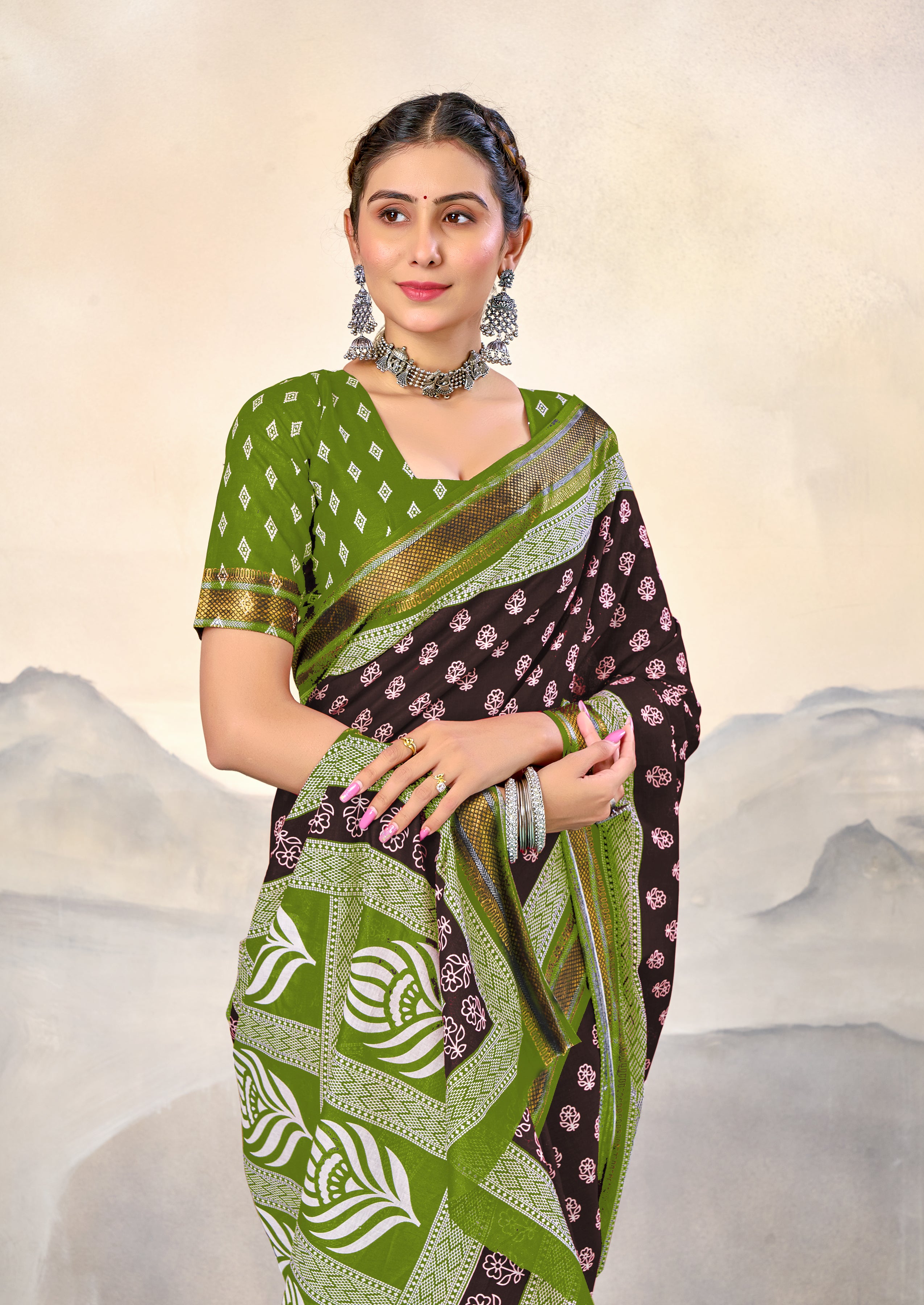 RASHMI PURE MULMUL HAND BLOCK PRINT WITH HEVAY ZARI BODAR BROWN AND GREEN SAREE