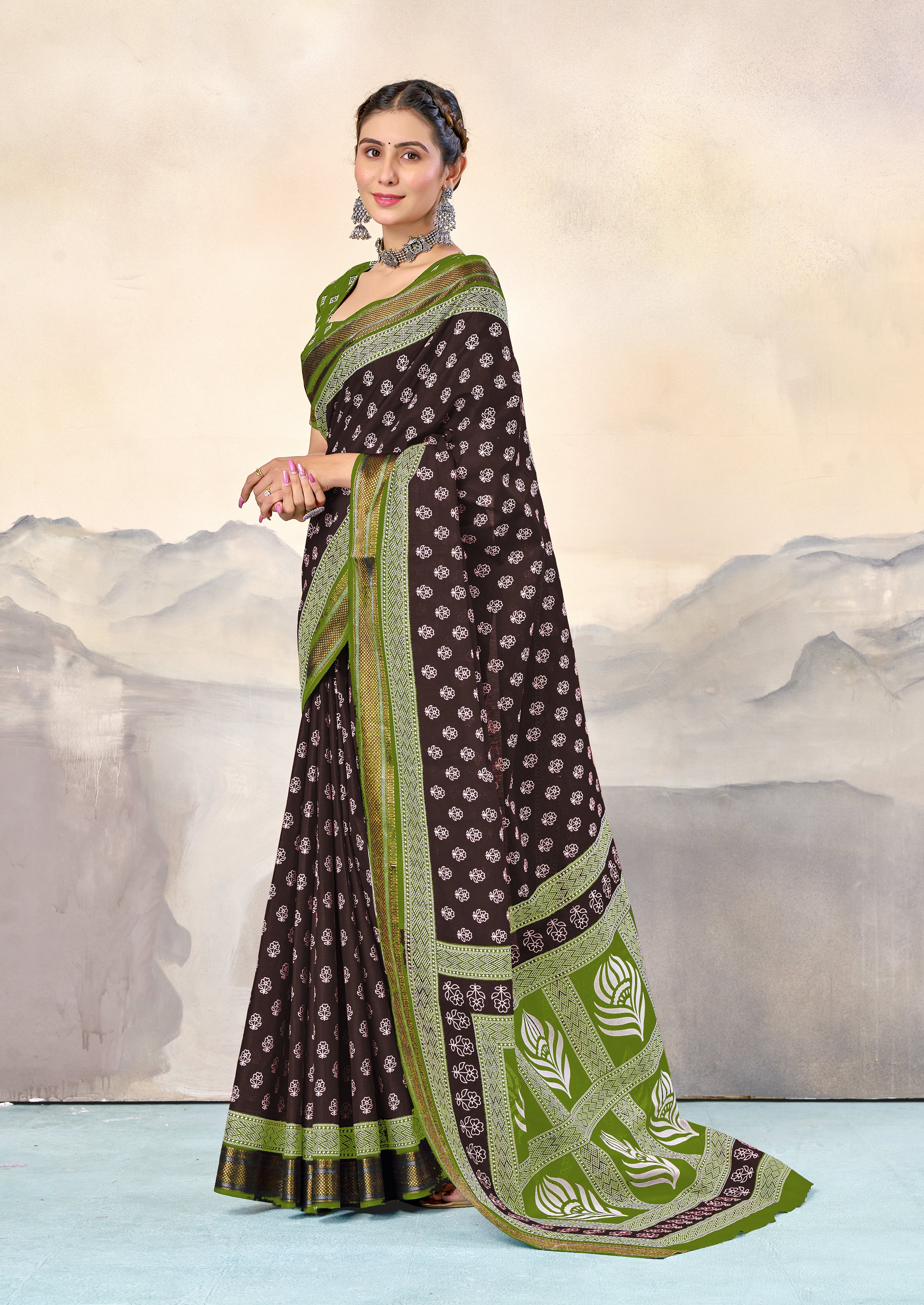 RASHMI PURE MULMUL HAND BLOCK PRINT WITH HEVAY ZARI BODAR BROWN AND GREEN SAREE