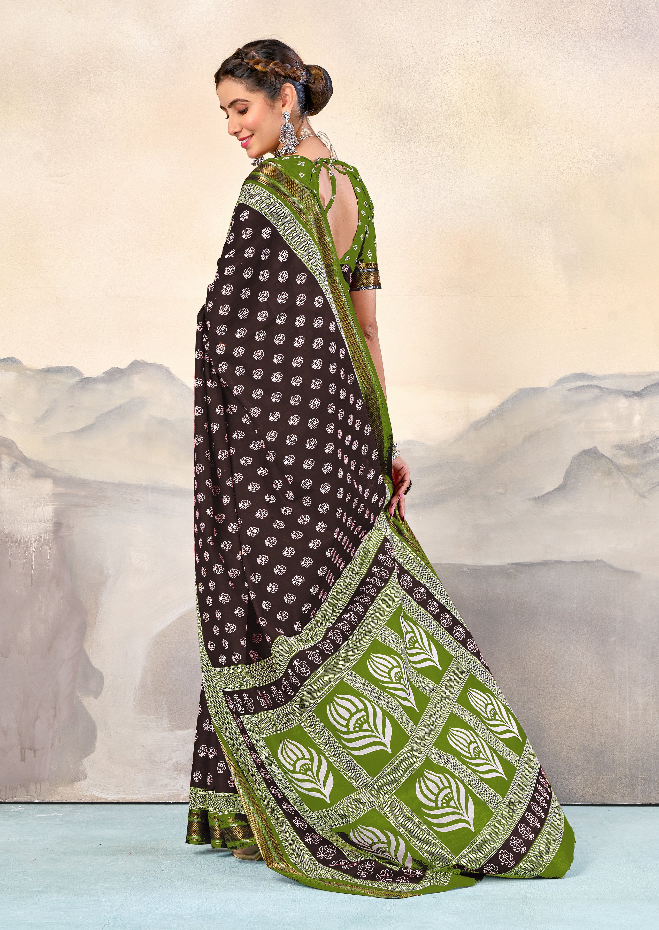 RASHMI PURE MULMUL HAND BLOCK PRINT WITH HEVAY ZARI BODAR BROWN AND GREEN SAREE