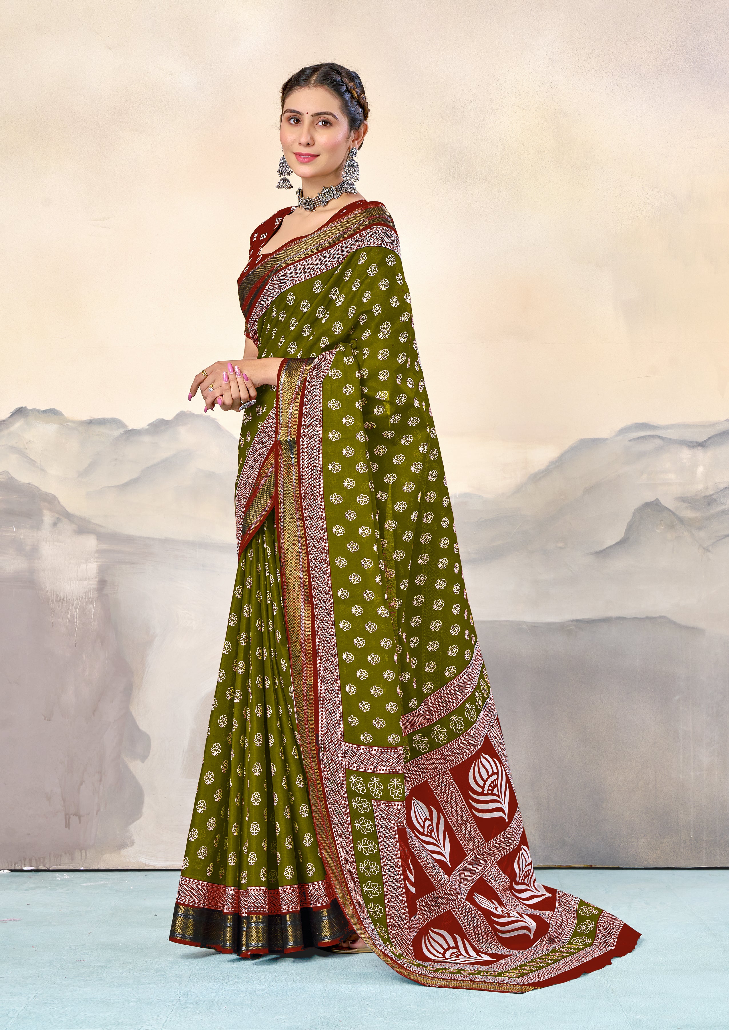 RASHMI PURE MULMUL HAND BLOCK PRINT WITH HEVAY ZARI BODAR GREEN AND RED SAREE