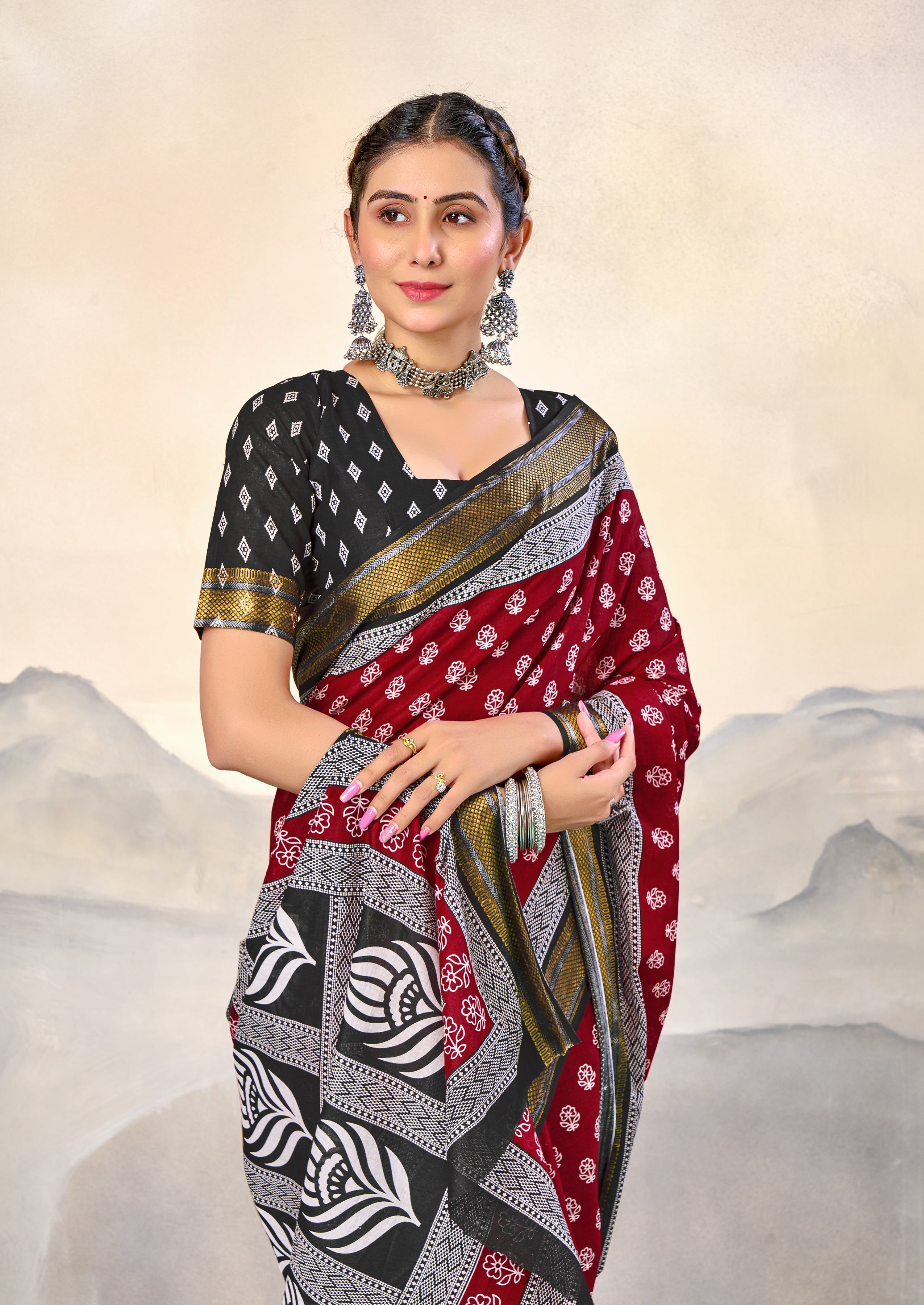 RASHMI PURE MULMUL HAND BLOCK PRINT WITH HEVAY ZARI BODAR RED AND BLACK SAREE