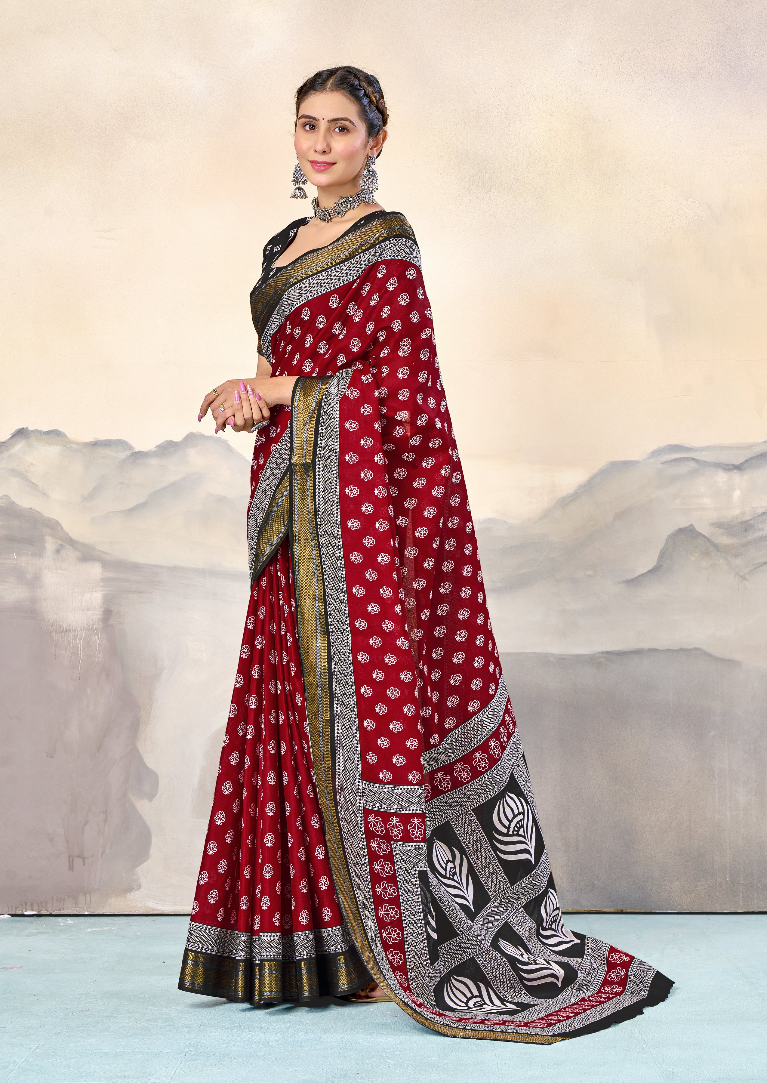 RASHMI PURE MULMUL HAND BLOCK PRINT WITH HEVAY ZARI BODAR RED AND BLACK SAREE