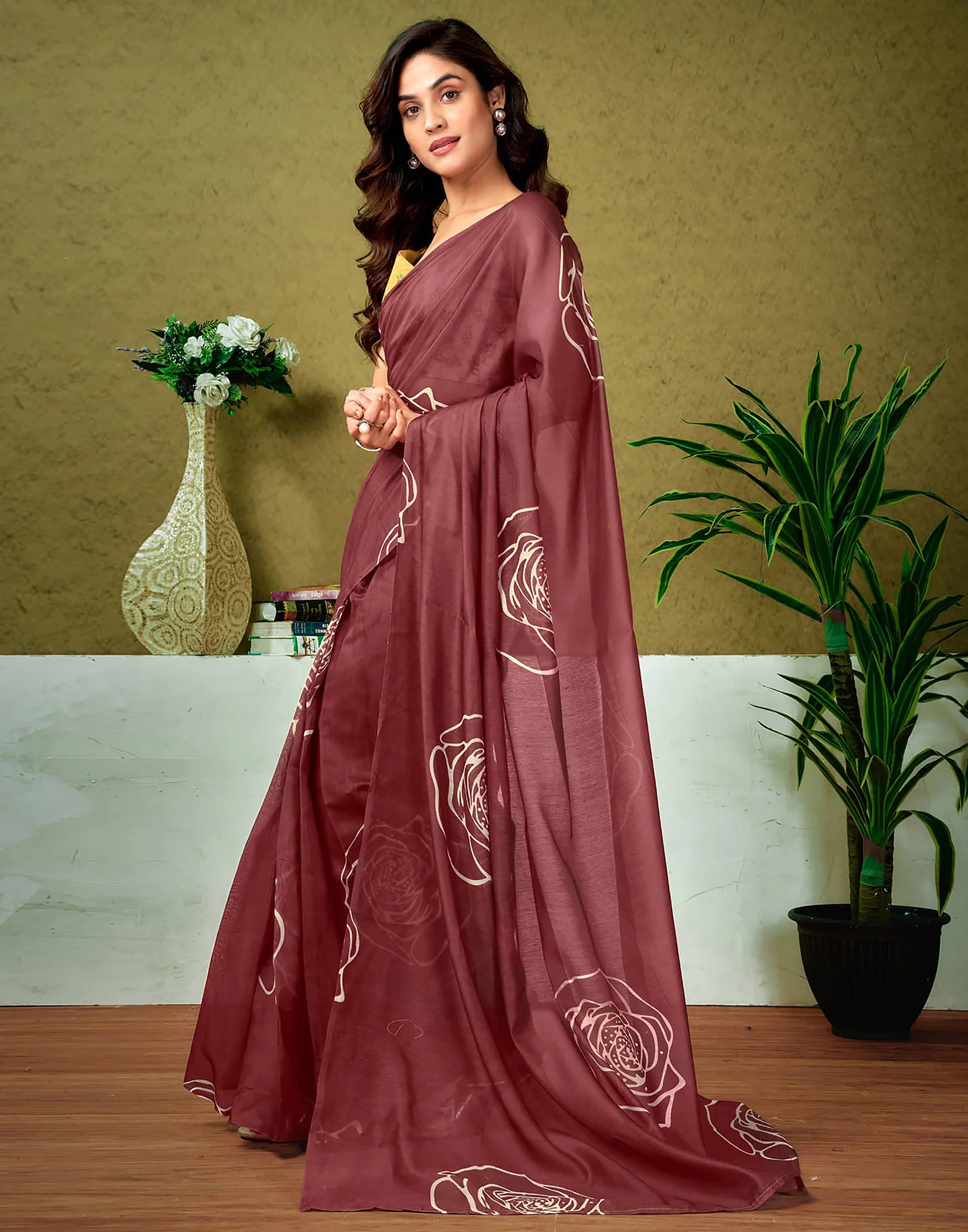 ROSE SOFT PURE COTTON BAGRU ROSE FLOWER PRINT MAROON SAREE