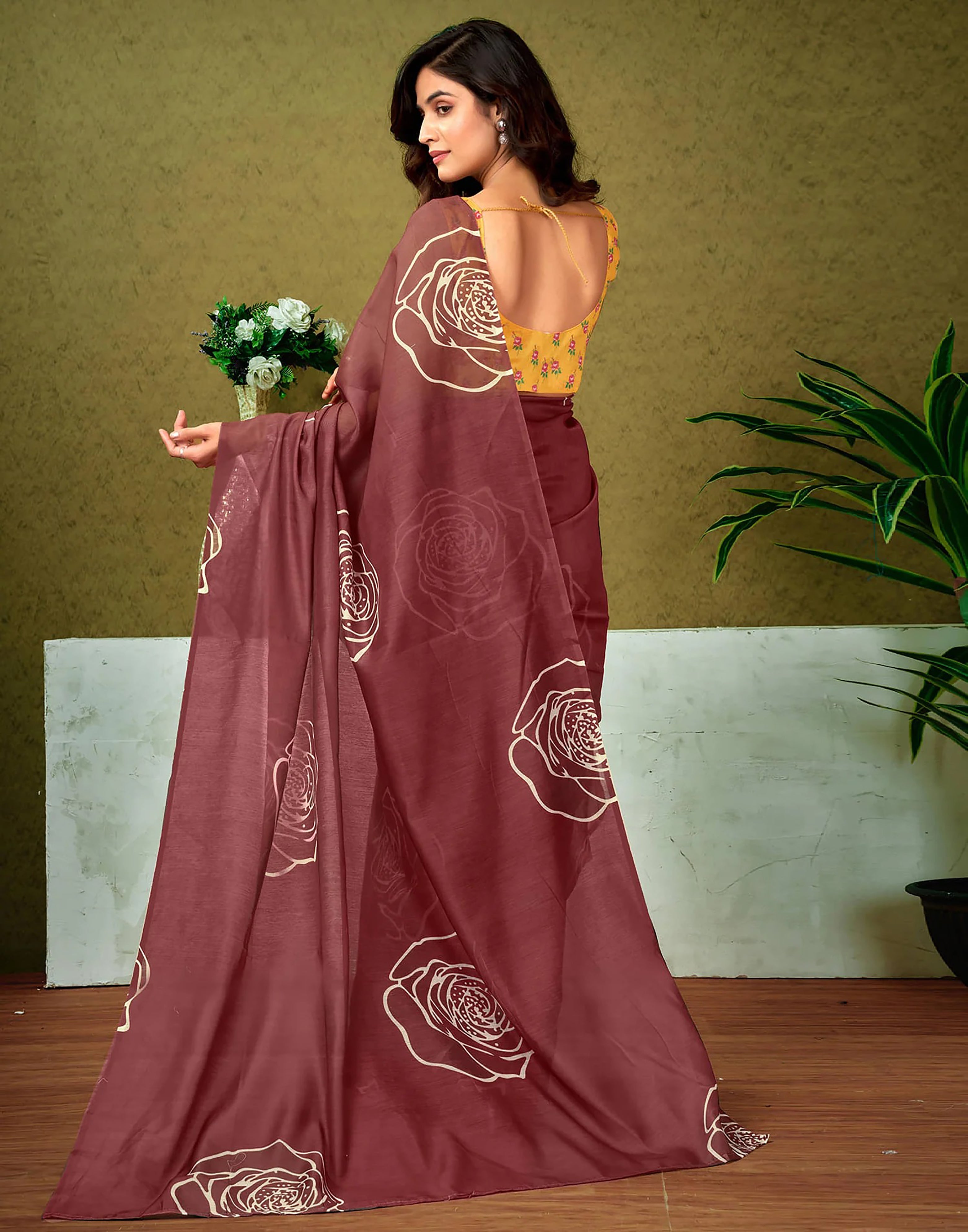ROSE SOFT PURE COTTON BAGRU ROSE FLOWER PRINT MAROON SAREE
