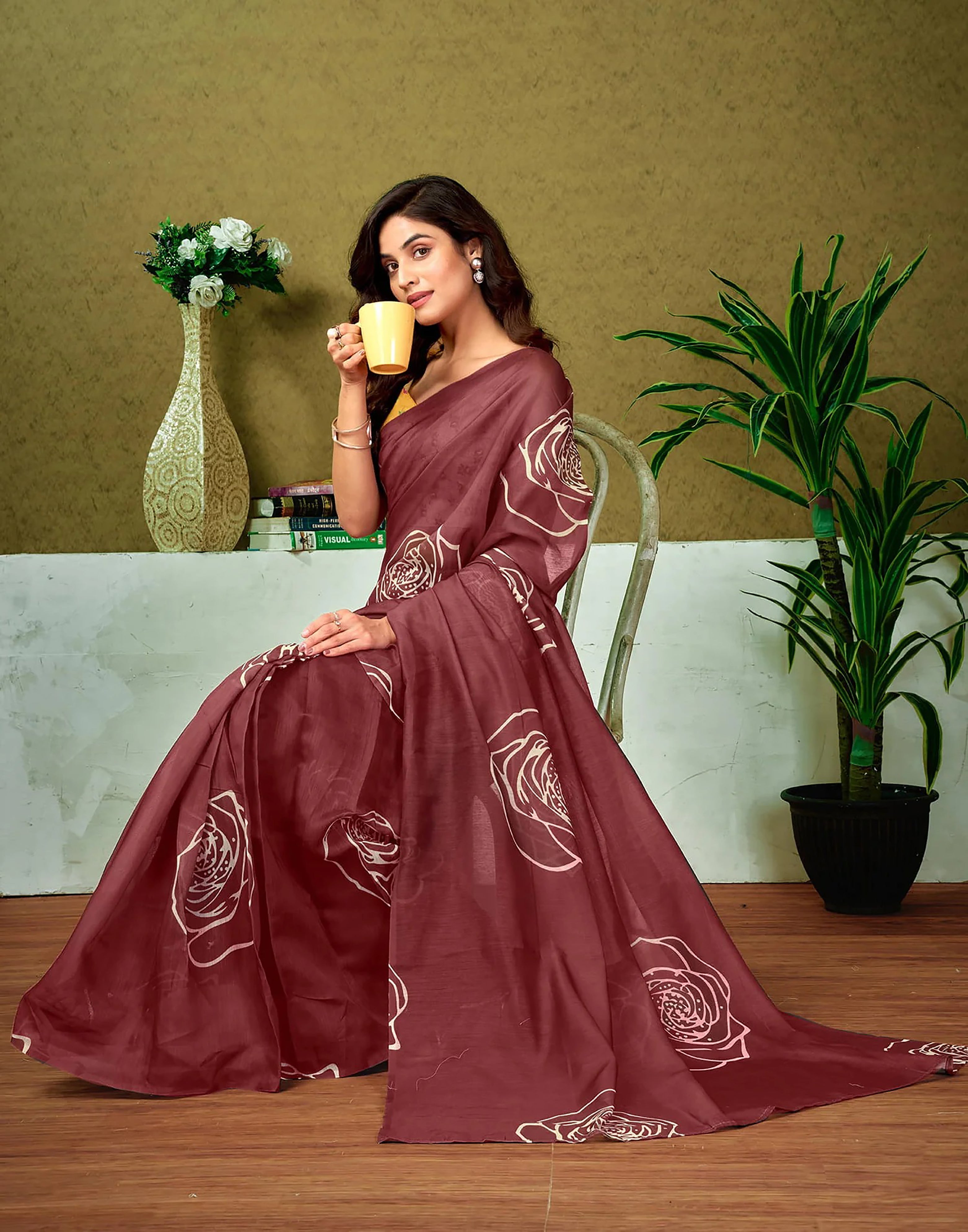 ROSE SOFT PURE COTTON BAGRU ROSE FLOWER PRINT MAROON SAREE