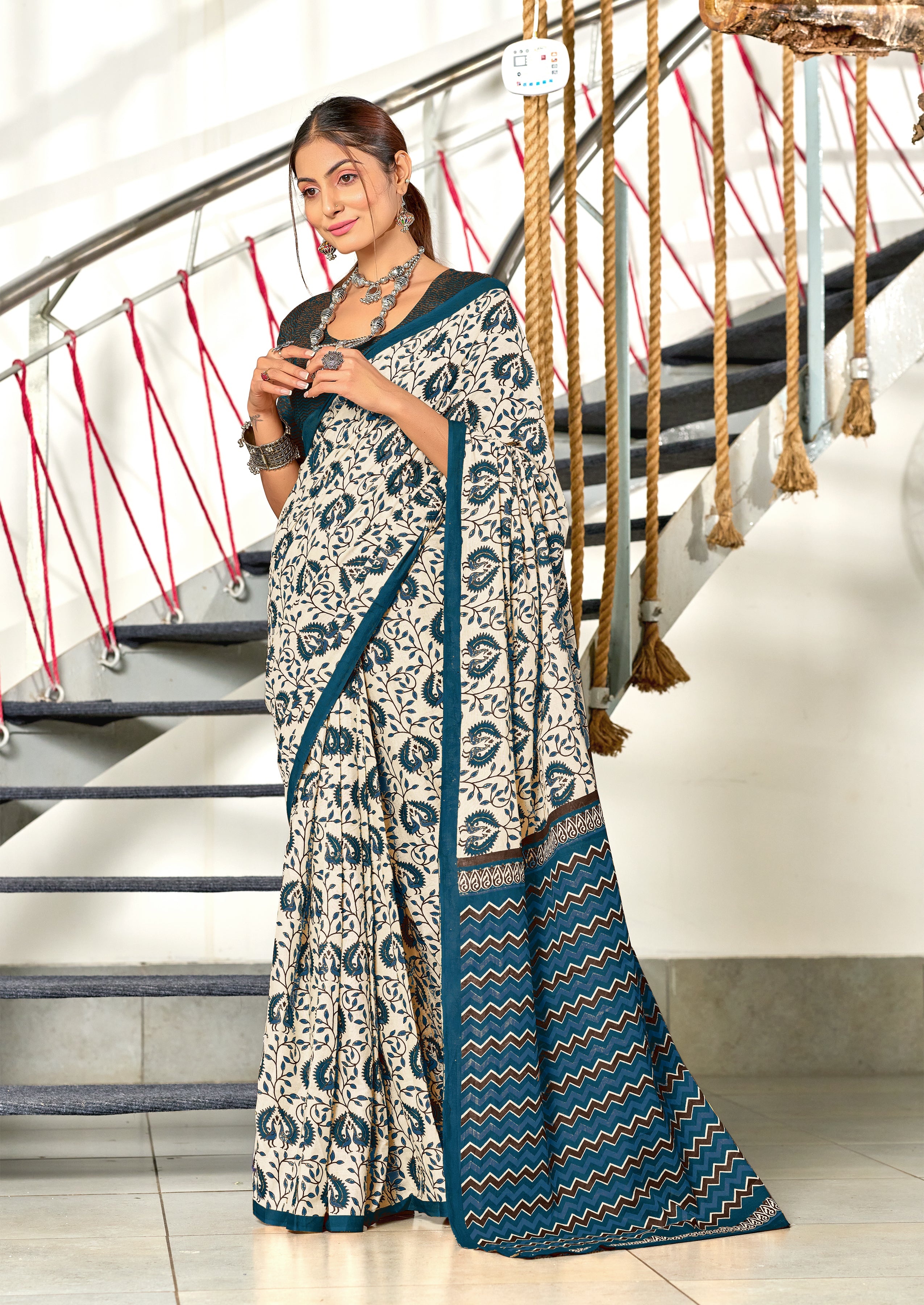 RUTBA PURE MULMUL COTTON BAGRU PRINTED BLUE SAREE