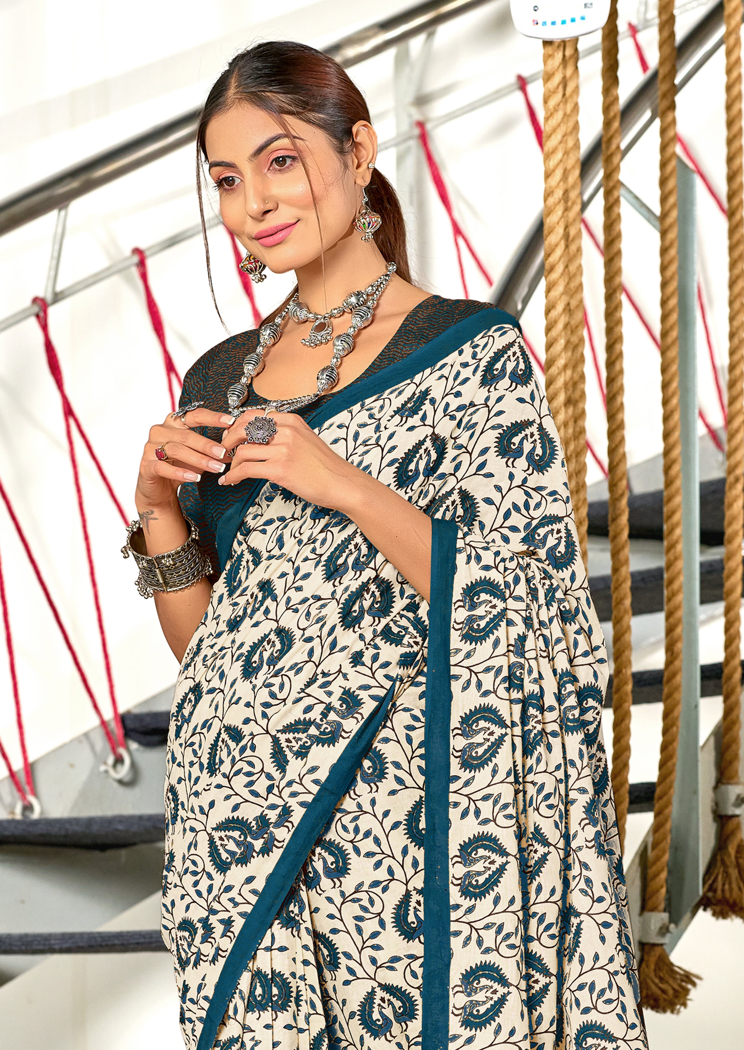 RUTBA PURE MULMUL COTTON BAGRU PRINTED BLUE SAREE