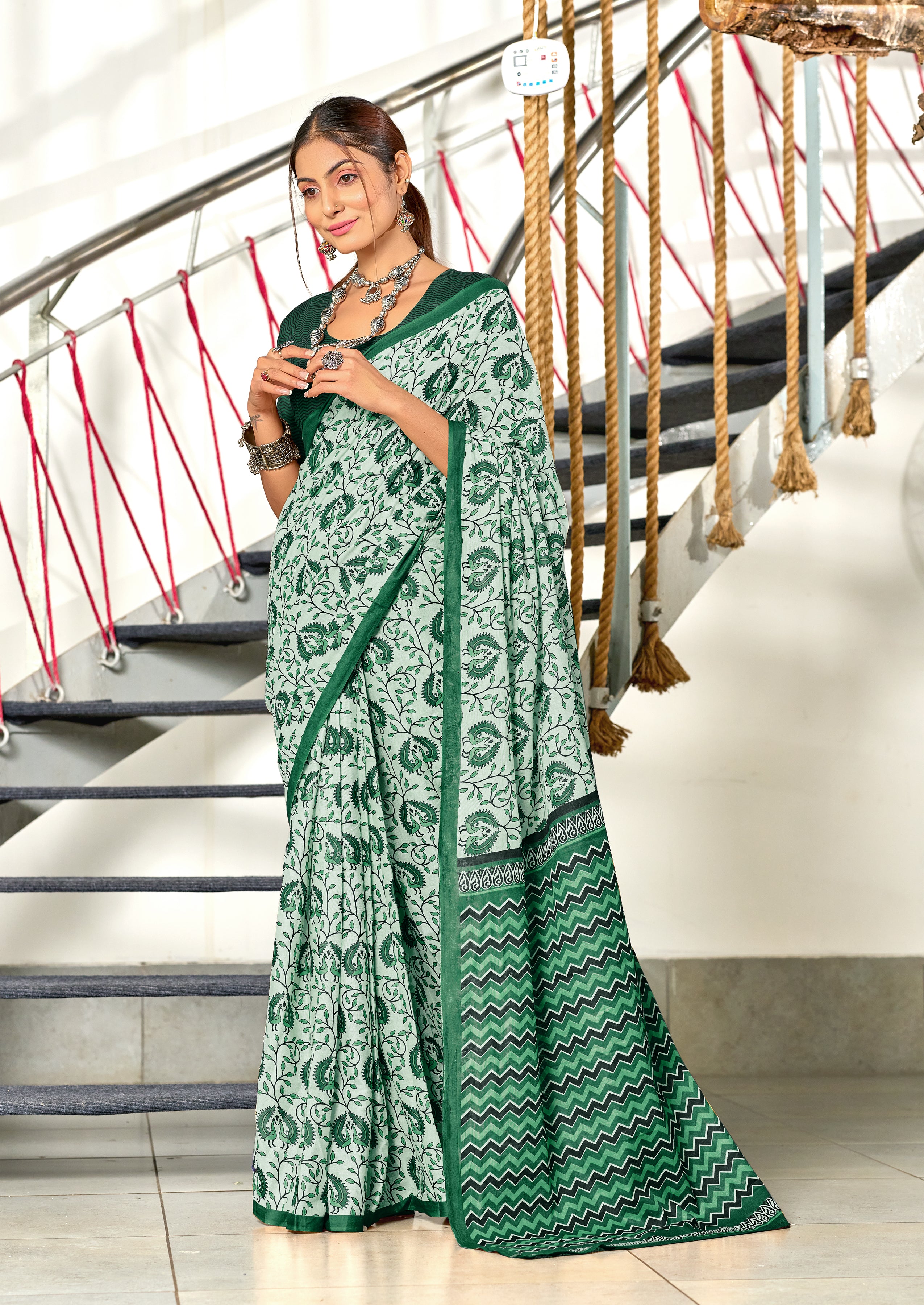 RUTBA PURE MULMUL COTTON BAGRU PRINTED GREEN SAREE