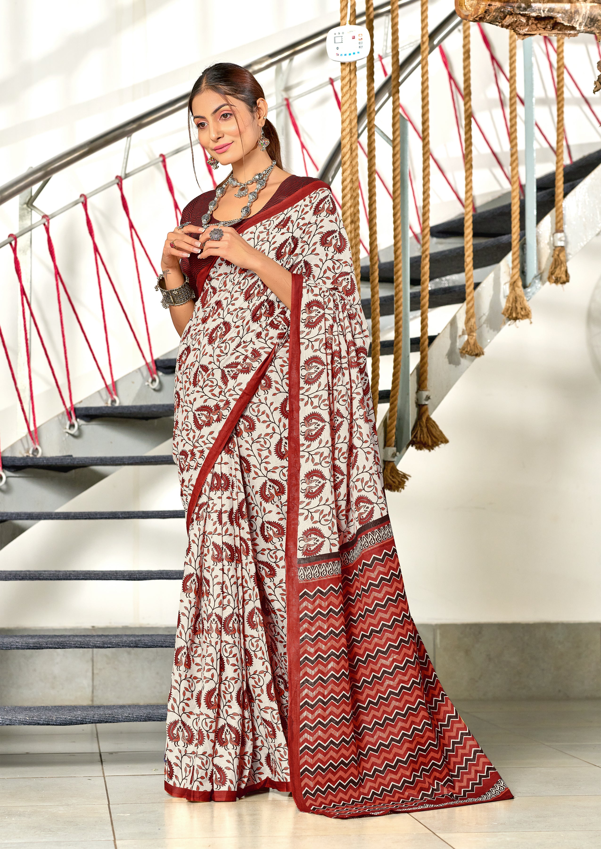 RUTBA PURE MULMUL COTTON BAGRU PRINTED MAROON SAREE