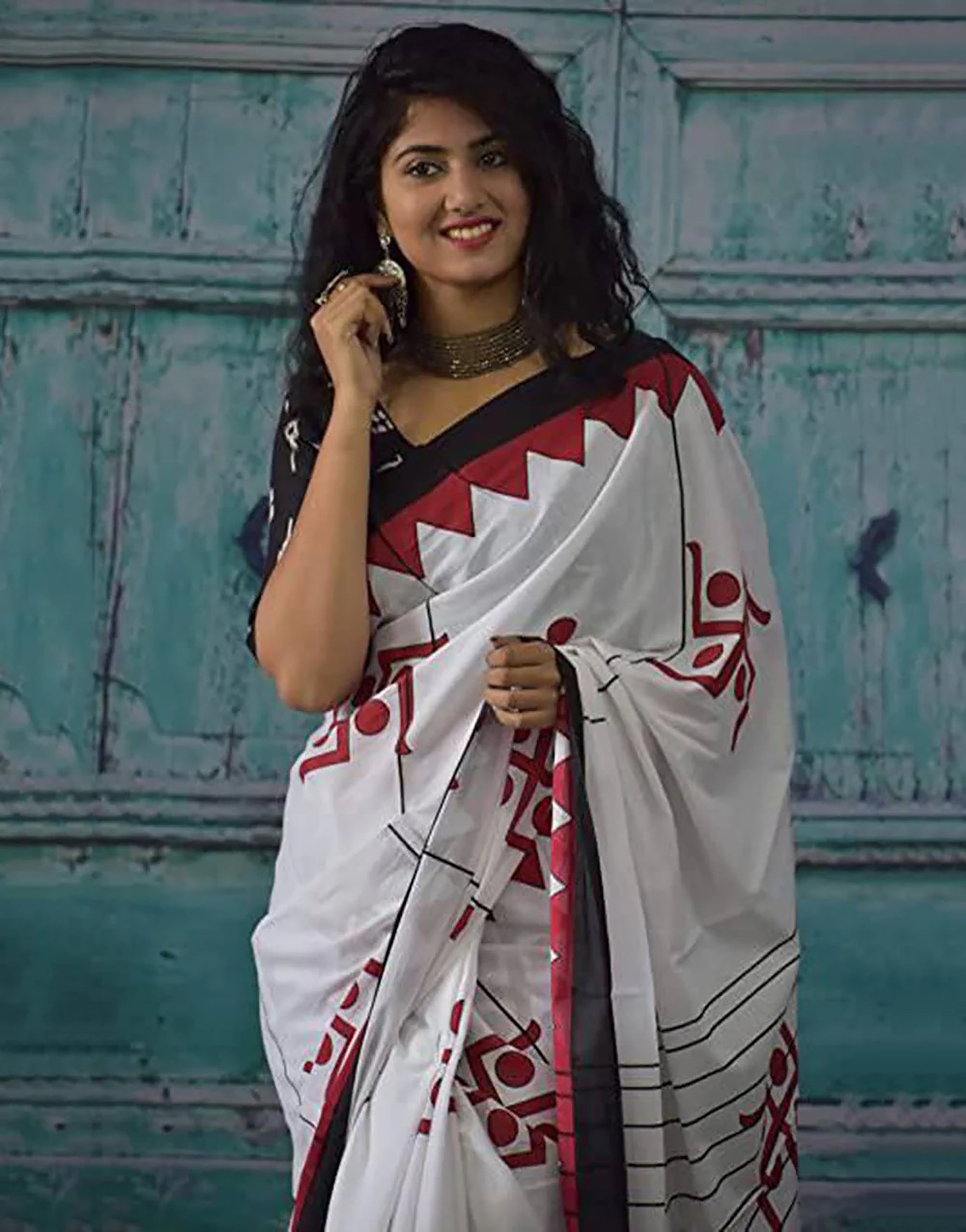 SAATHIYA BAGRU BLOCK PRINT DURGA POOJA SPECIAL SOFT MULMUL COTTON WHITE AND RED SAREE