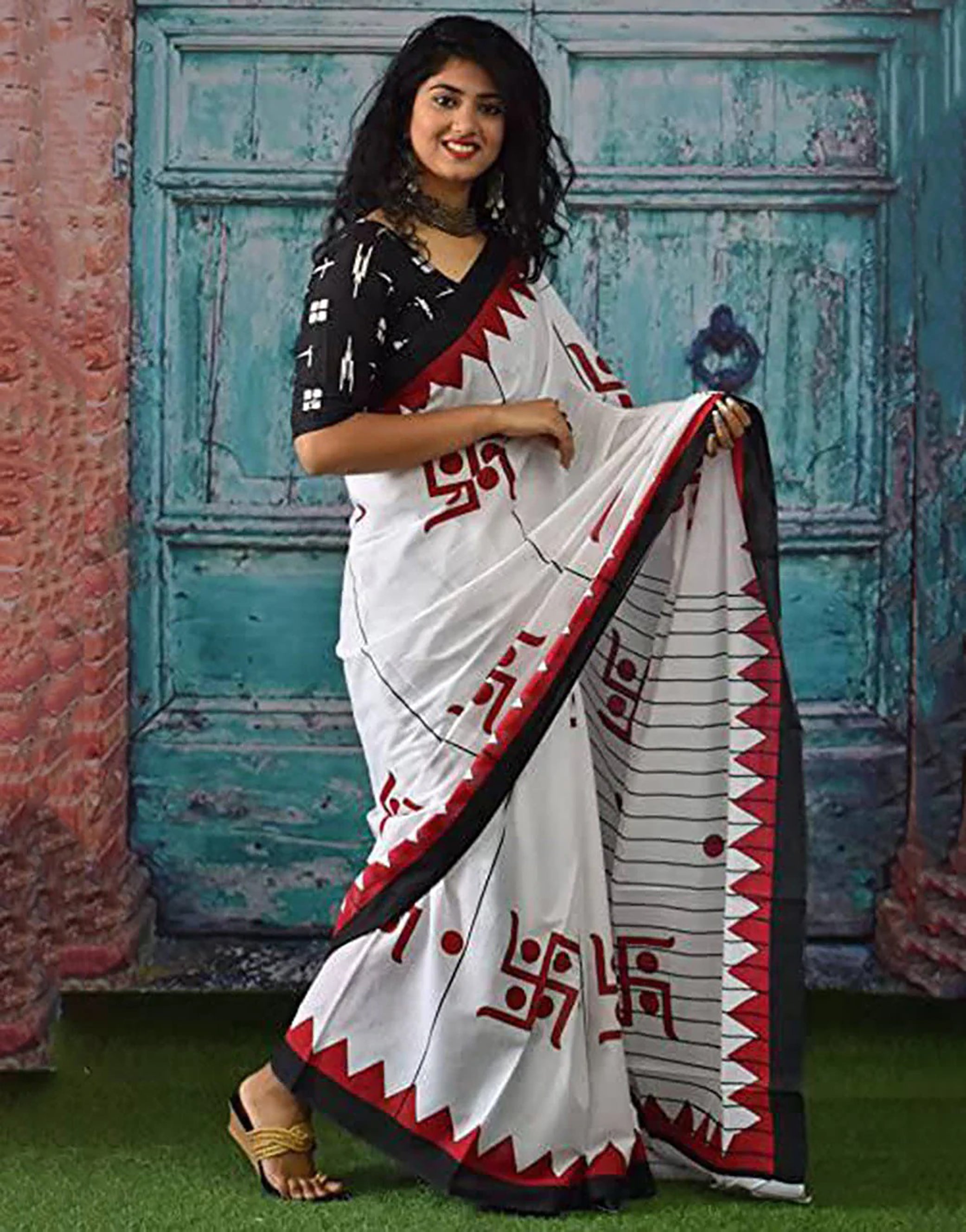 SAATHIYA BAGRU BLOCK PRINT DURGA POOJA SPECIAL SOFT MULMUL COTTON WHITE AND RED SAREE