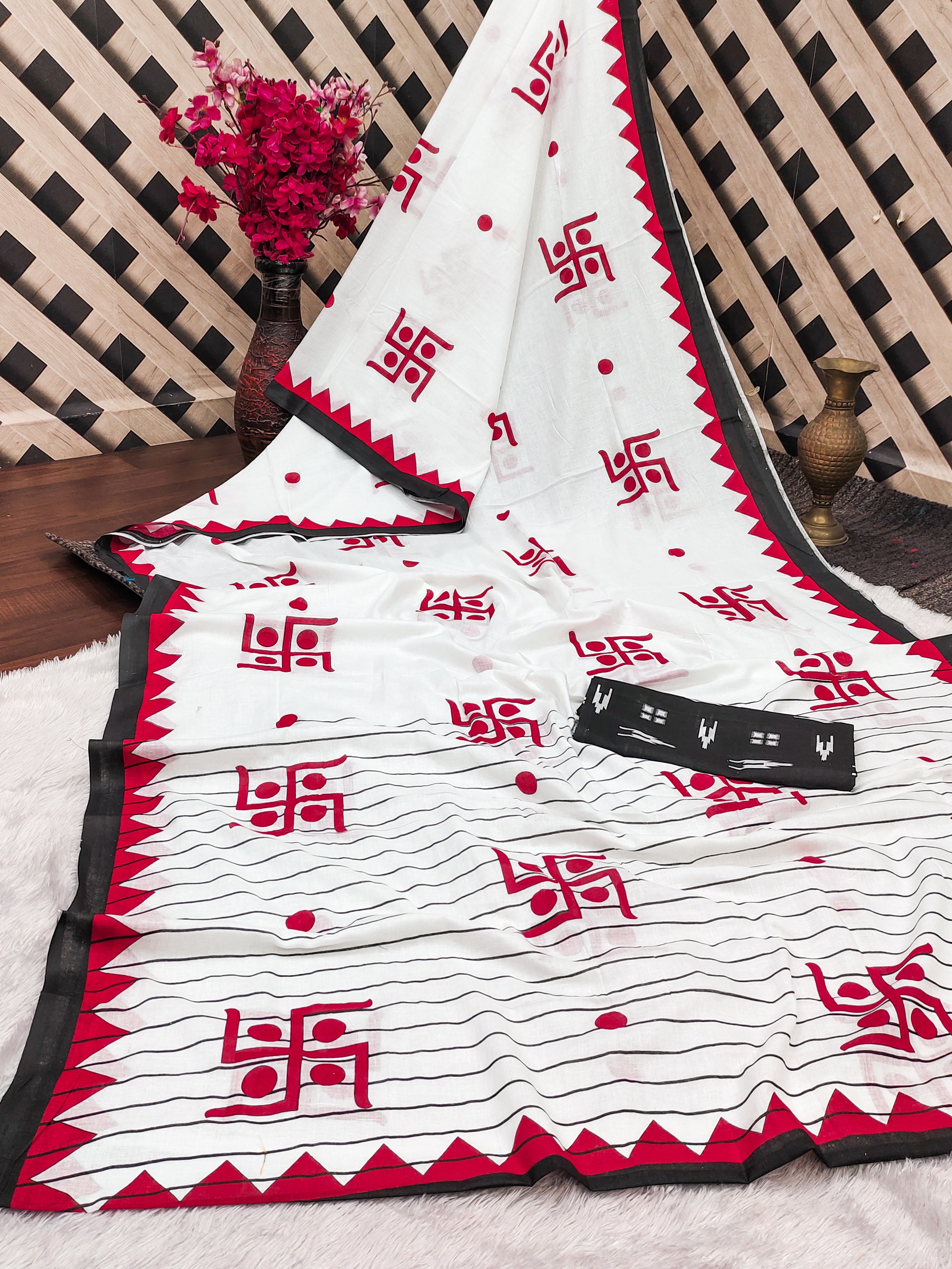 SAATHIYA BAGRU BLOCK PRINT DURGA POOJA SPECIAL SOFT MULMUL COTTON WHITE AND RED SAREE