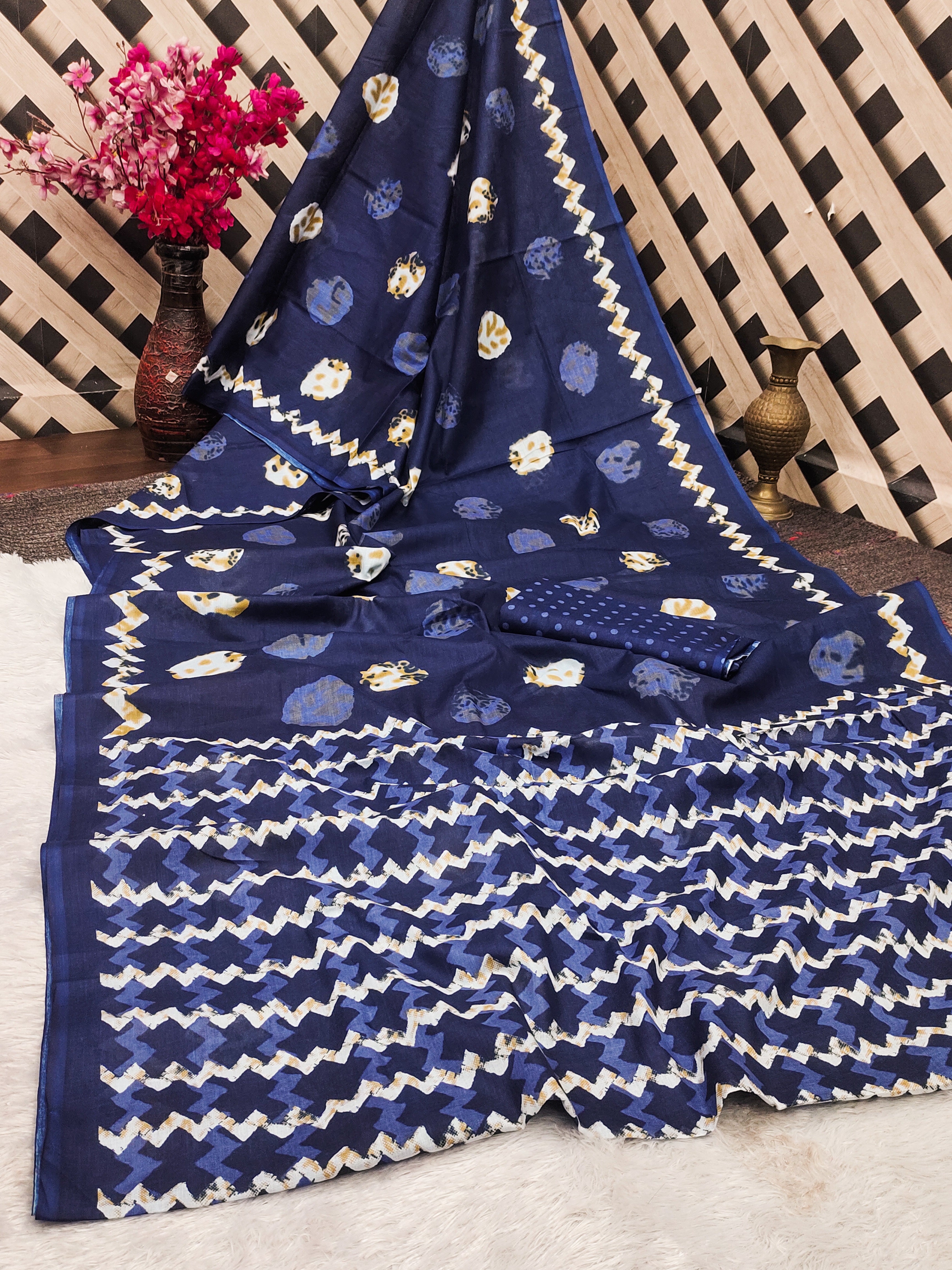 SAMRUDHI SOFT PURE COTTON FANCY BAGRU PRINT NEVY BLUE SAREE