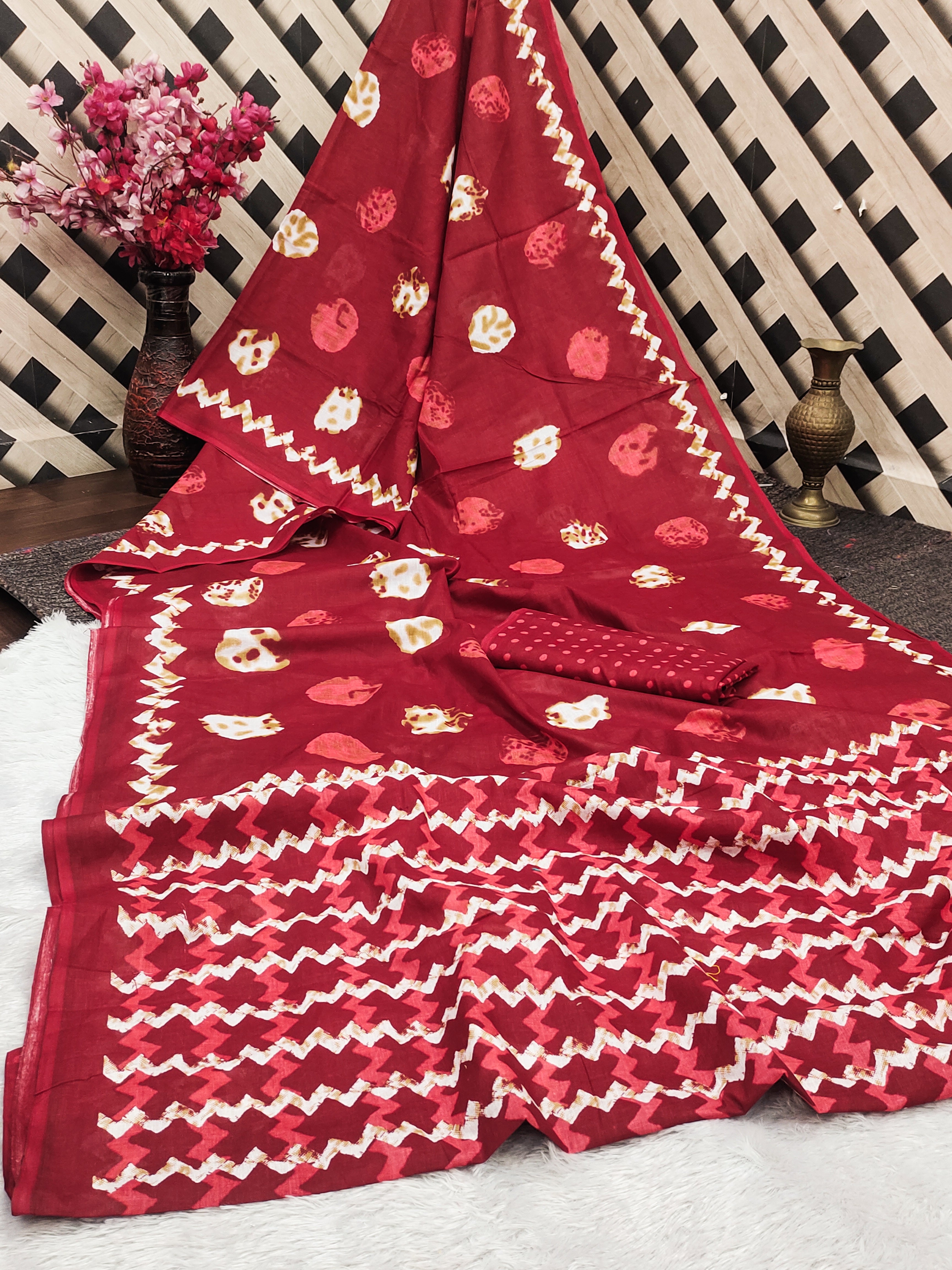 SAMRUDHI SOFT PURE COTTON FANCY BAGRU PRINT RED SAREE