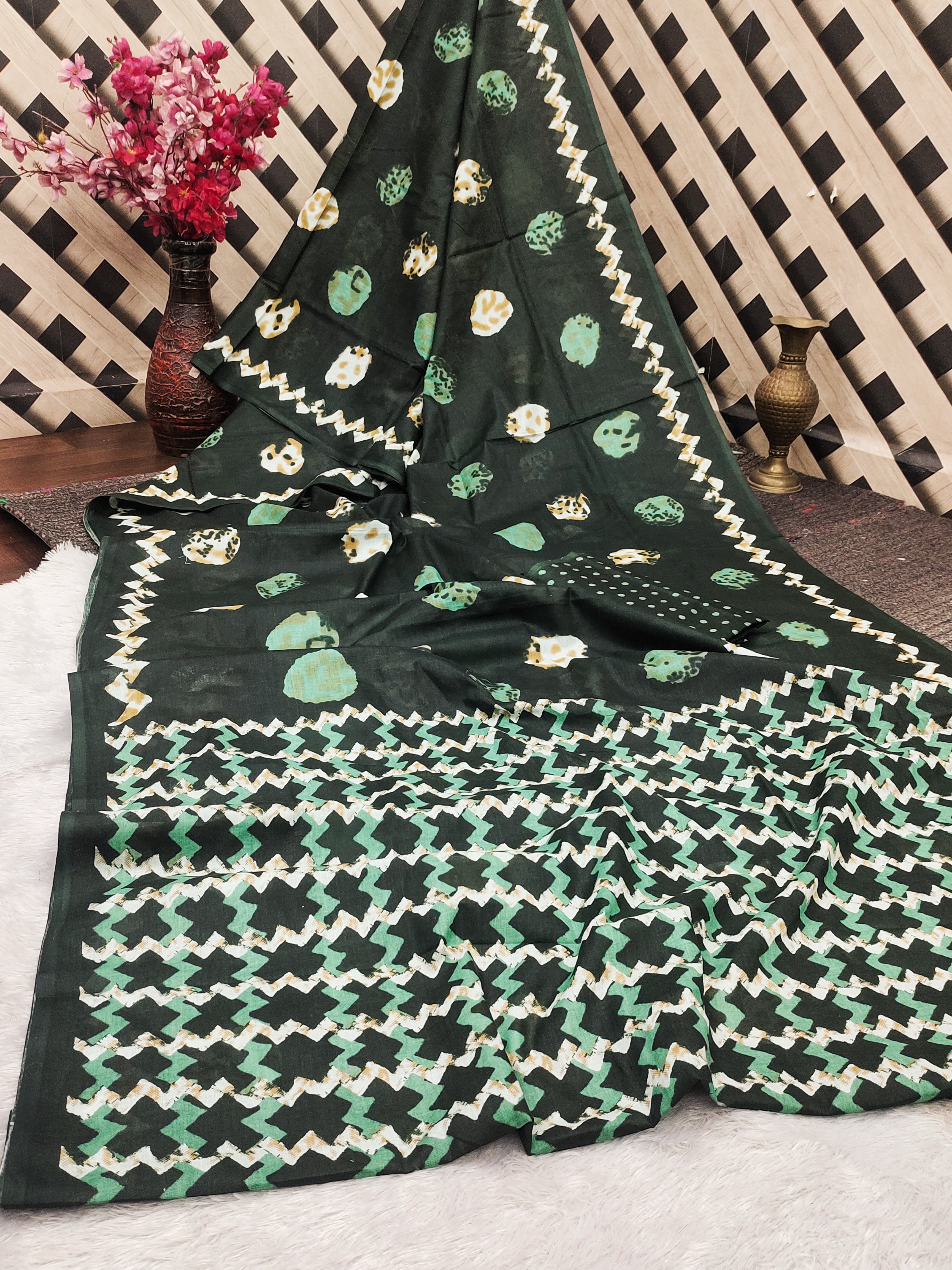 SAMRUDHI SOFT PURE COTTON FANCY BAGRU PRINT GREEN SAREE