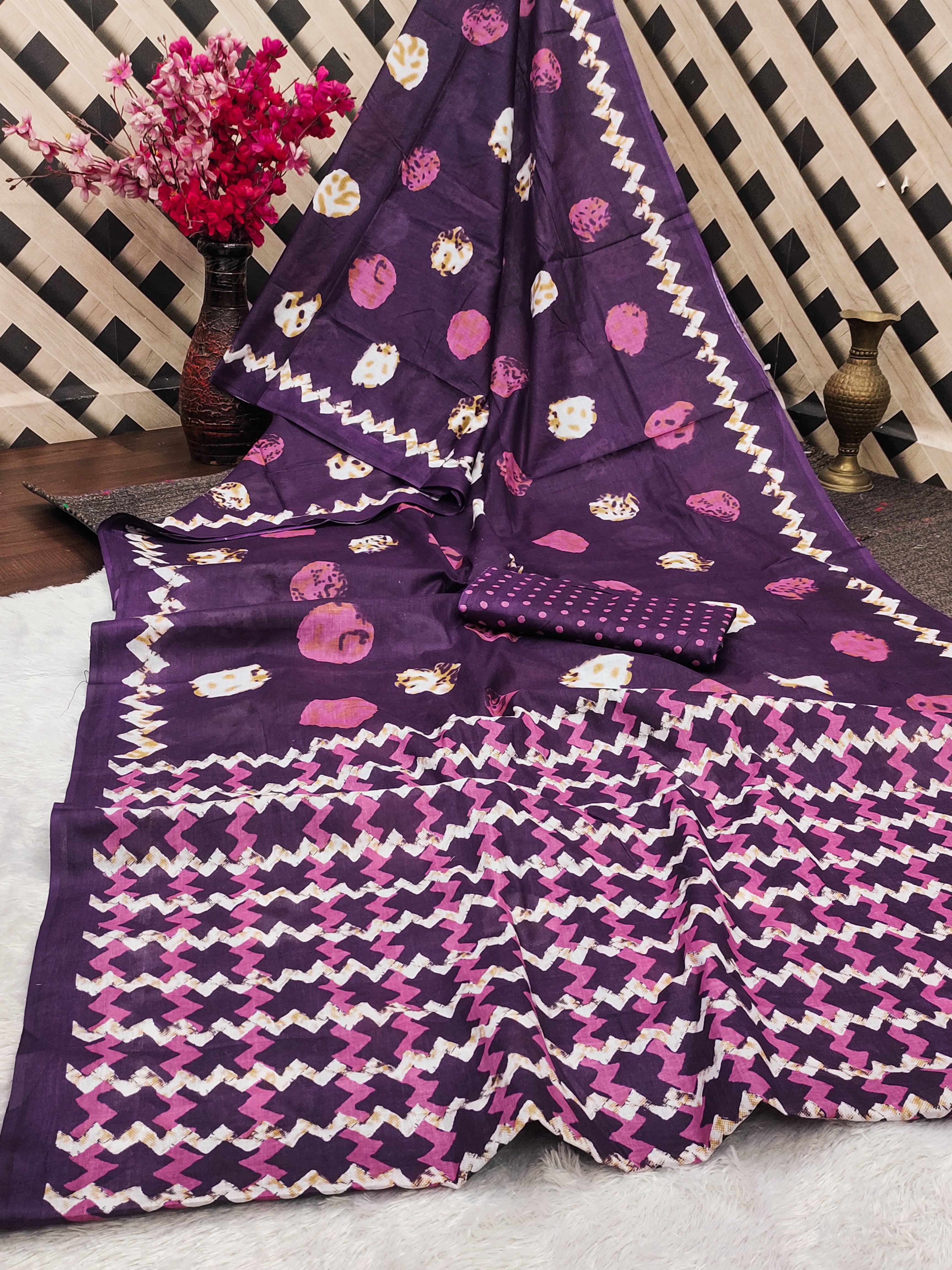 SAMRUDHI SOFT PURE COTTON FANCY BAGRU PRINT PURPLE SAREE
