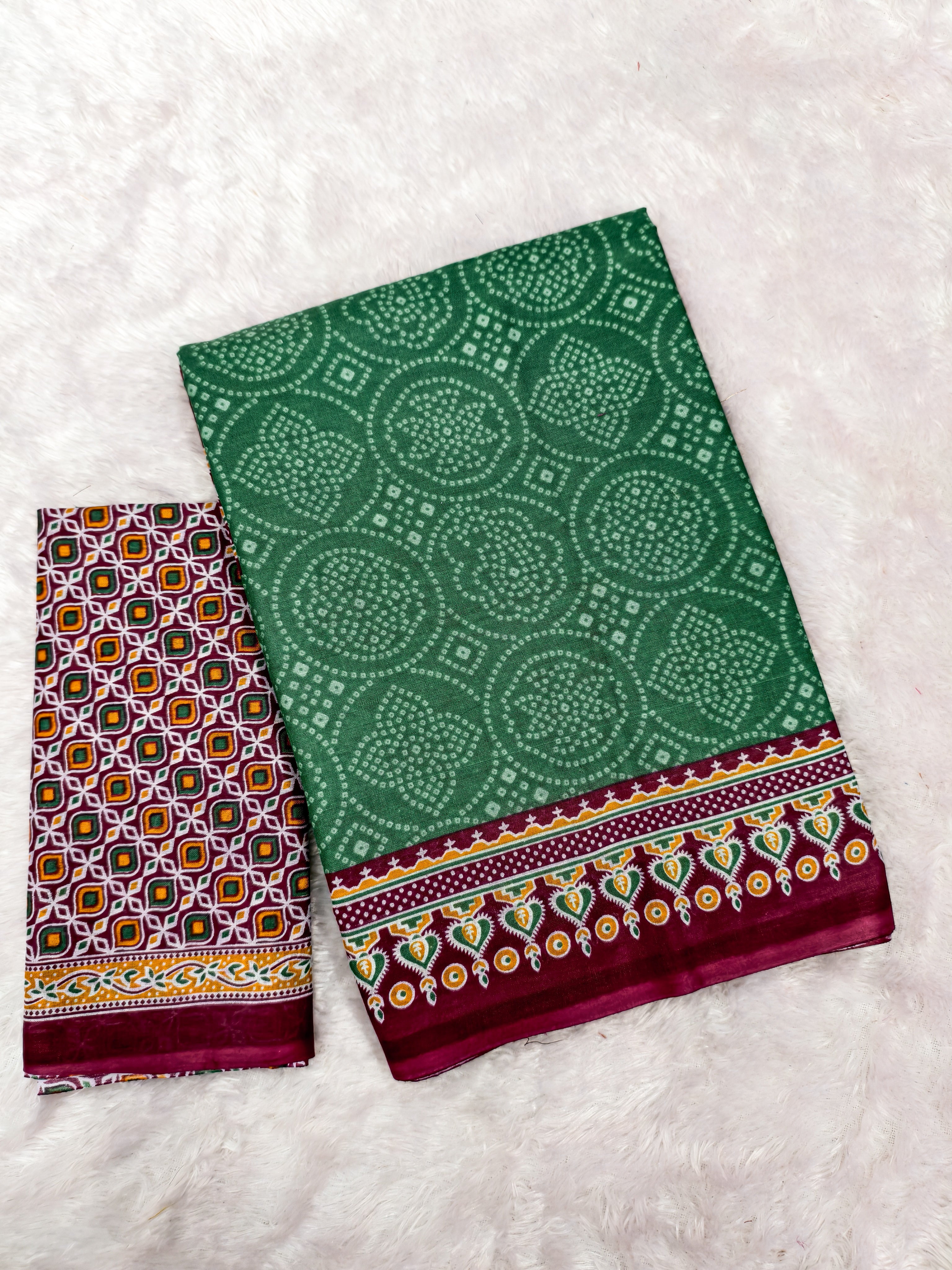 SANMATHI PURE MULMUL COTTON BANDHANI PRINTD BOTTLE GREEN SAREE