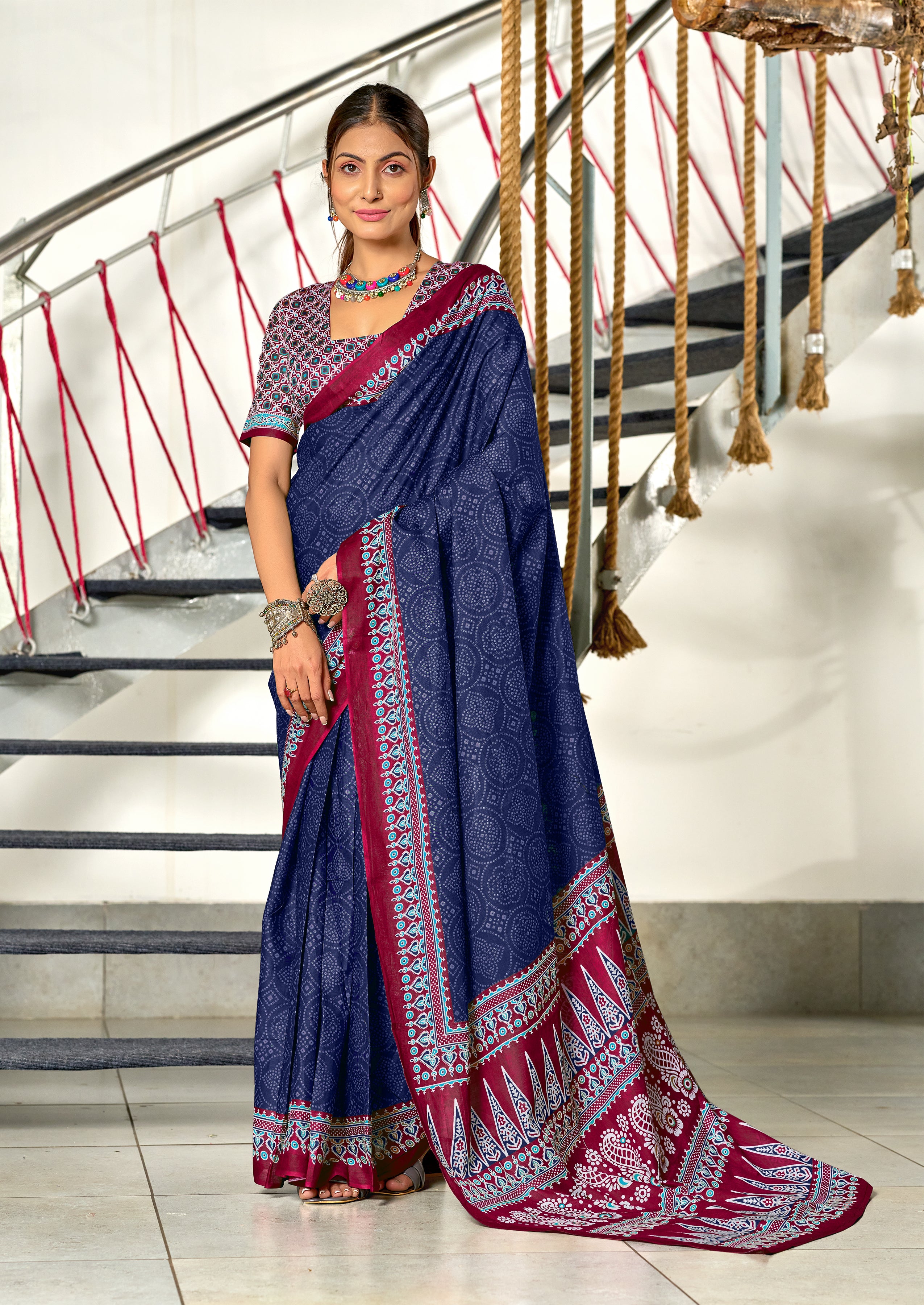 SANMATHI PURE MULMUL COTTON BANDHANI PRINTD NAVY BLUE SAREE