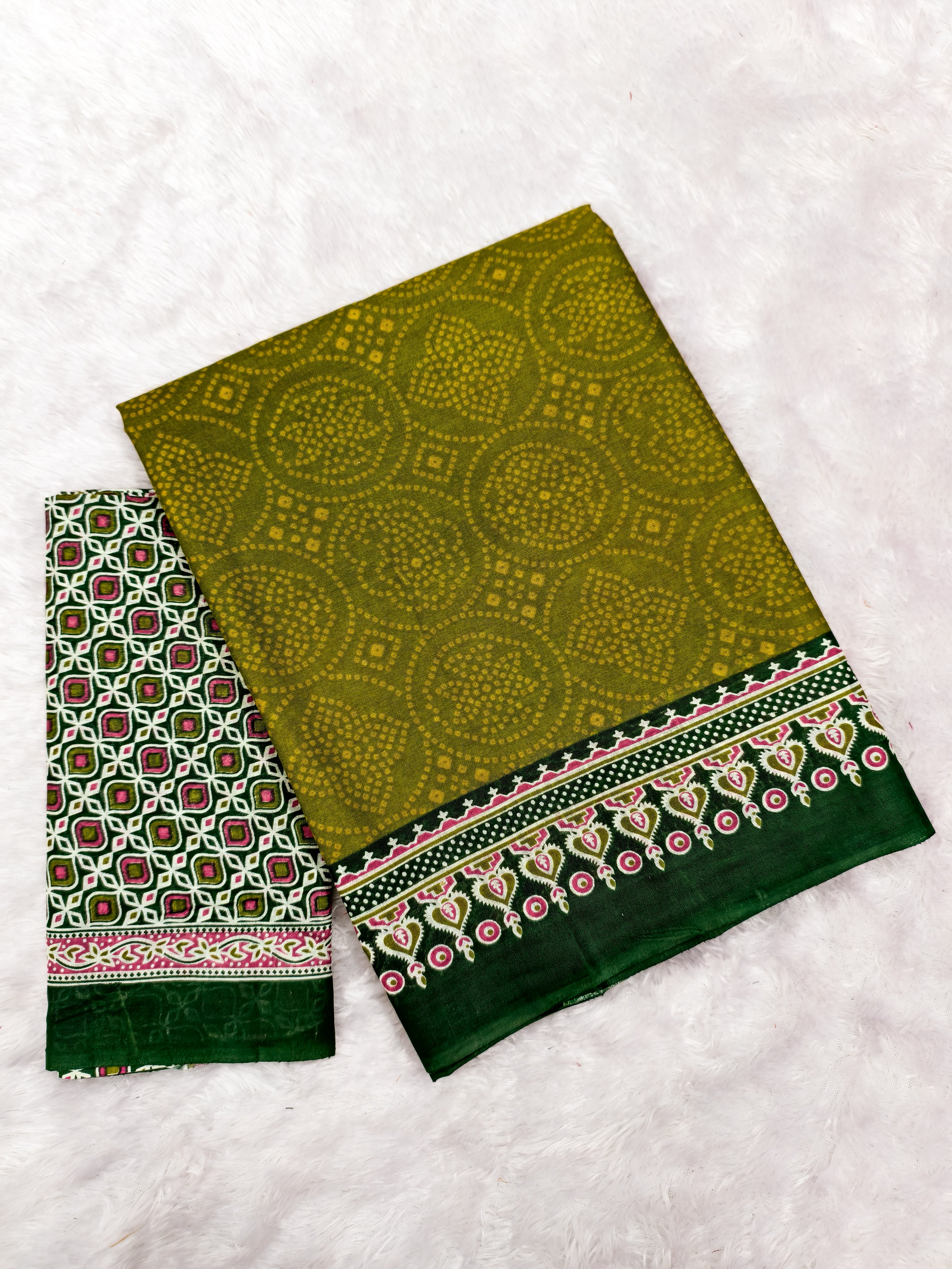 SANMATHI PURE MULMUL COTTON BANDHANI PRINTD OLIVE GREEN SAREE