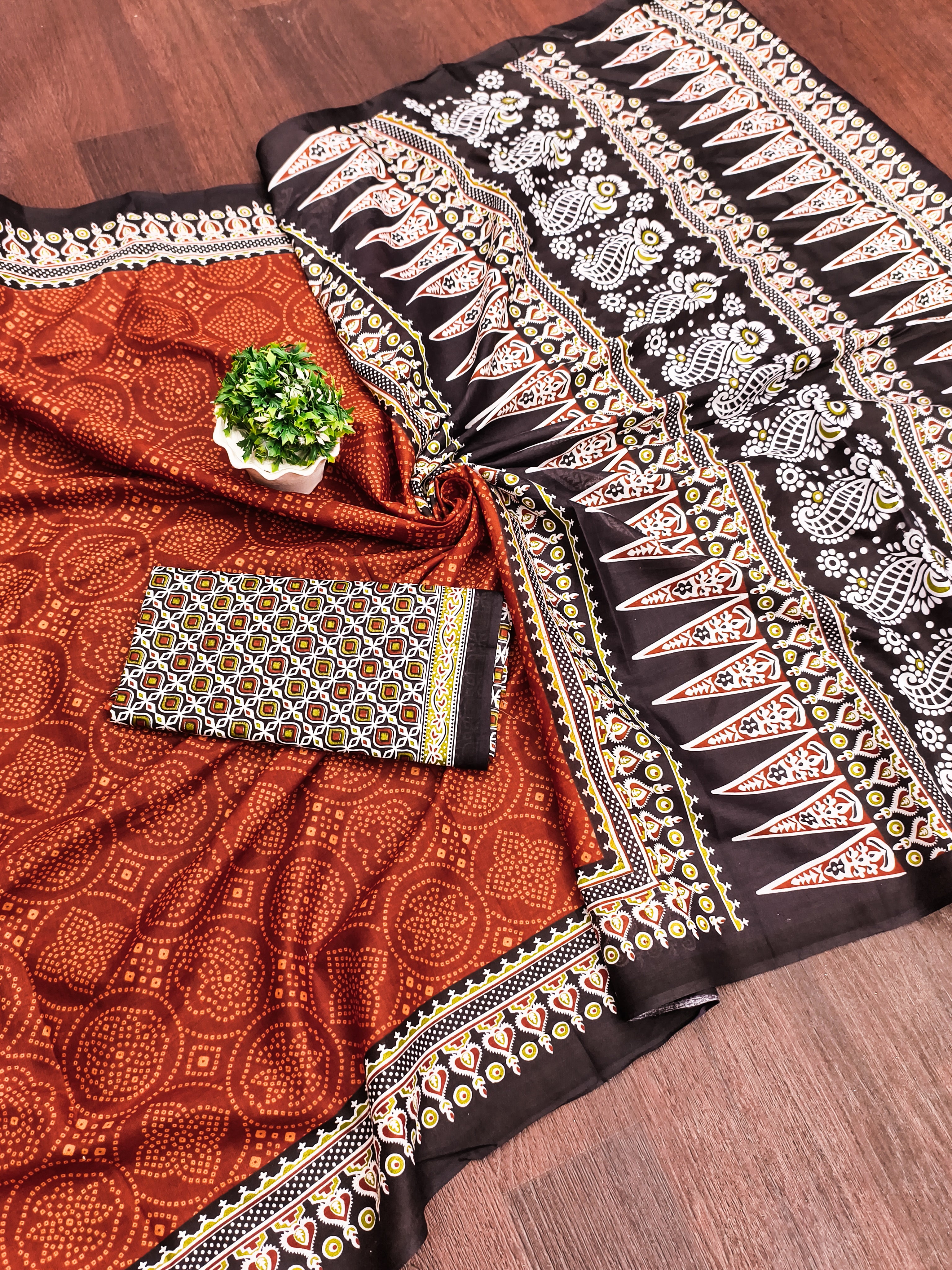 SANMATHI PURE MULMUL COTTON BANDHANI PRINTD RUST ORANGE SAREE