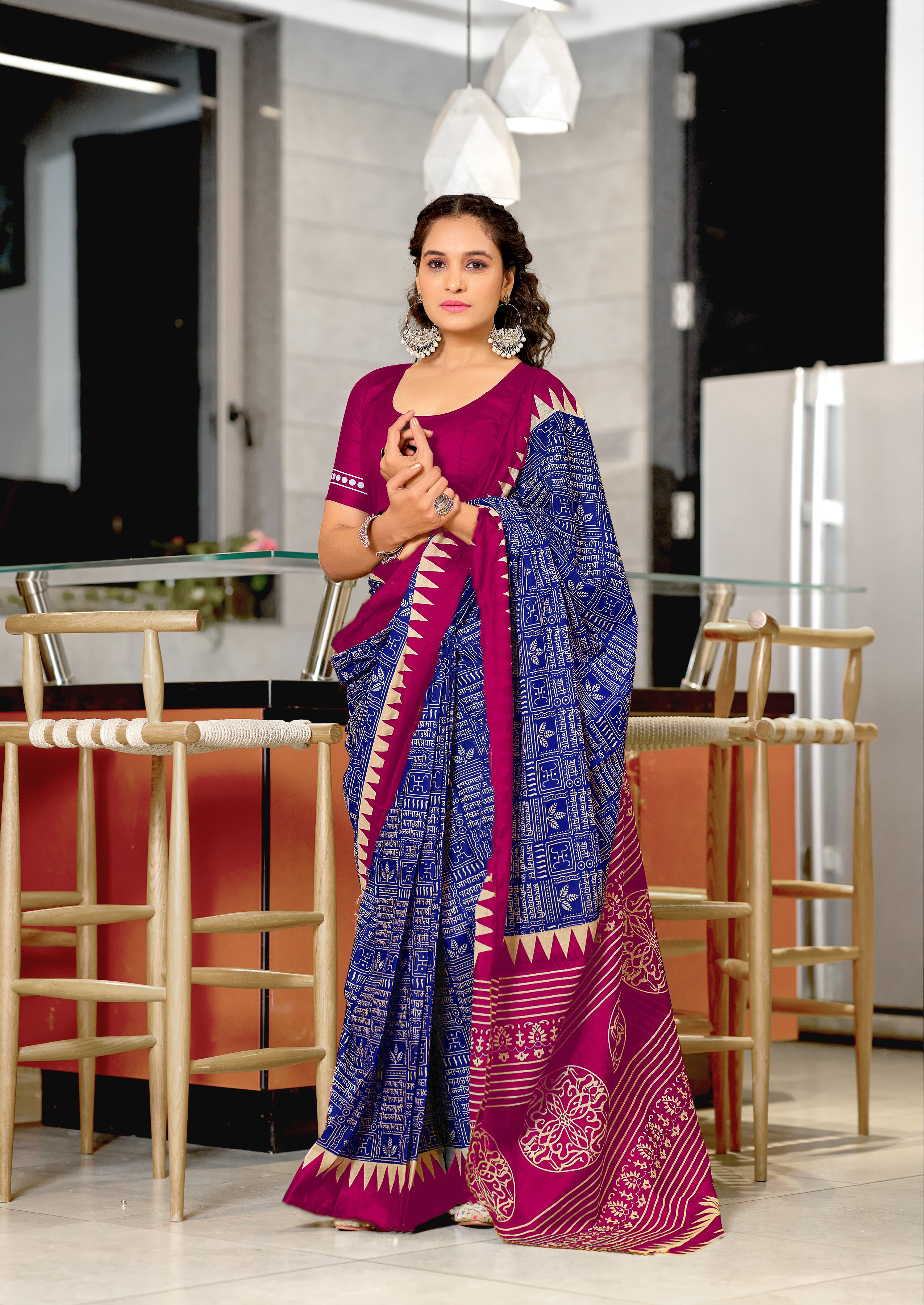 SANSKAR PURE MULMUL COTTON SANSKRIT MANTRAS BLOCK PRINTED ROYAL BLUE SAREE