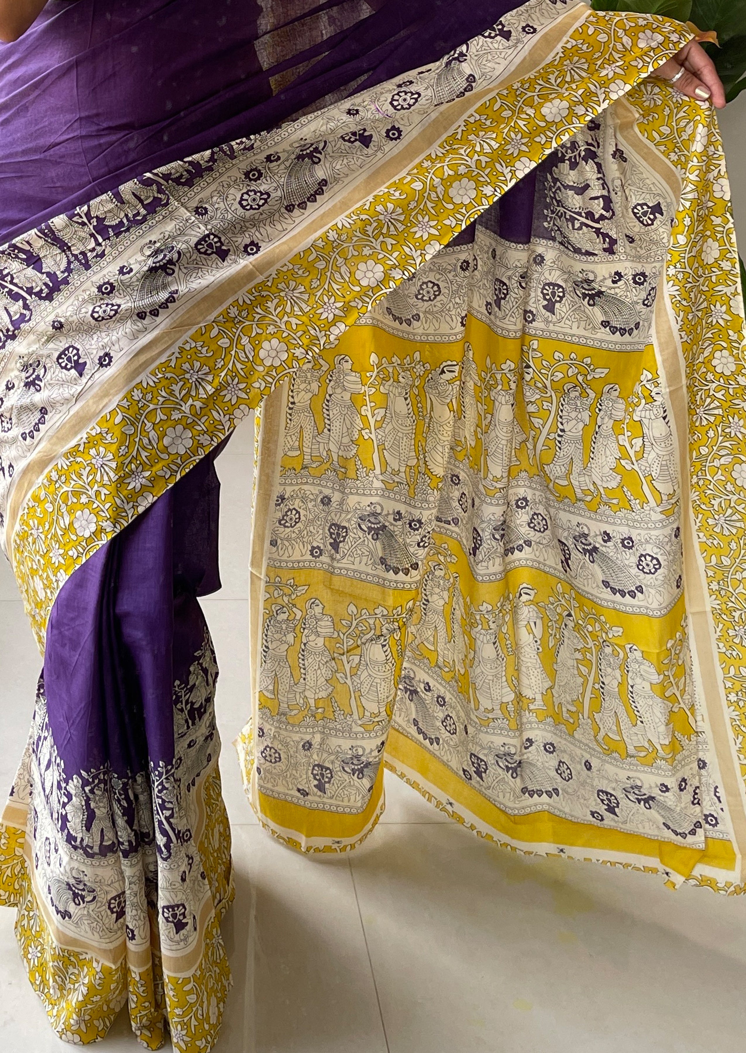 SELFI16 PURE MUL COTTON TRADITIONAL KALMKARI HAND BLOCK PRINT PURPLE SAREE