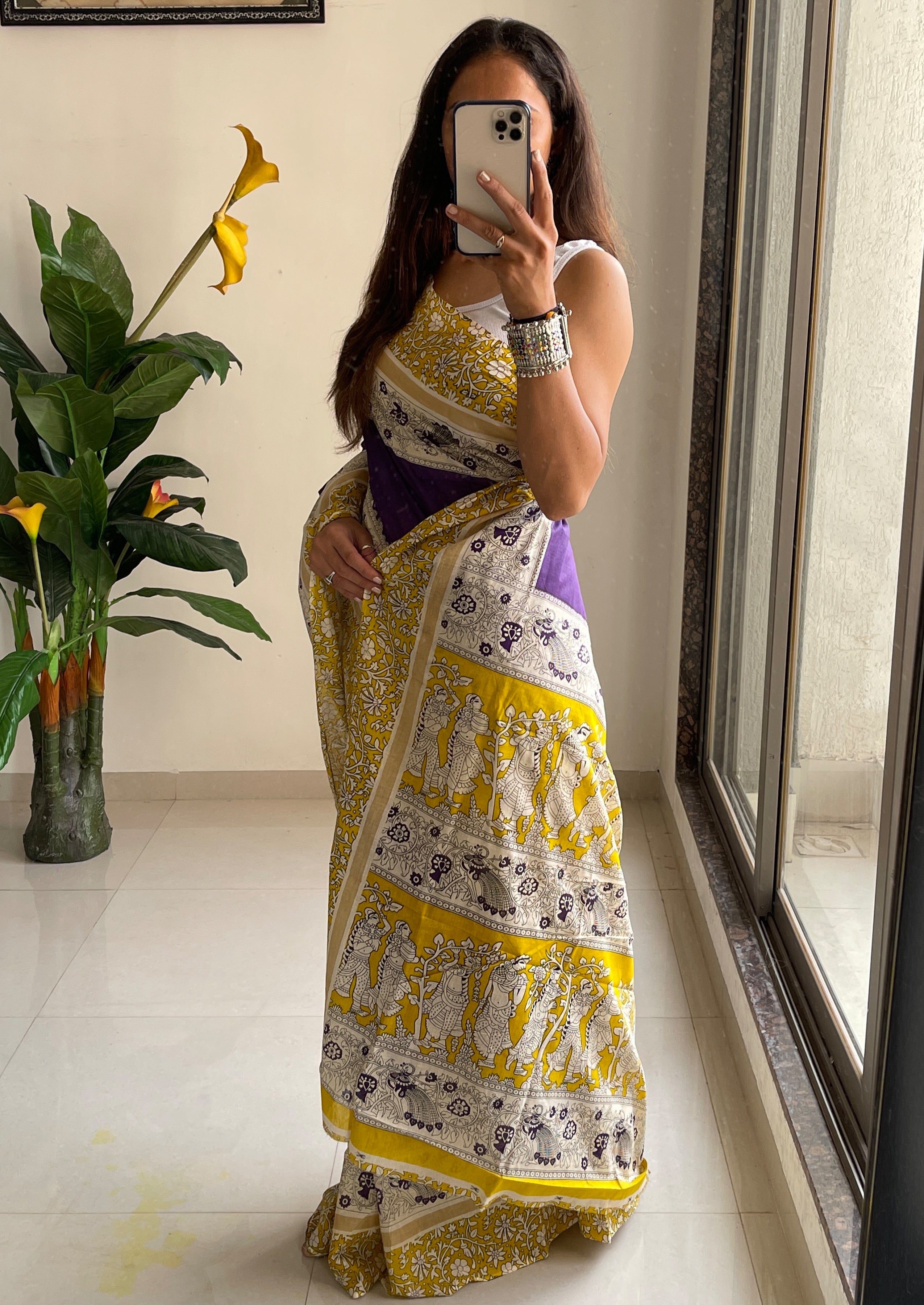 SELFI16 PURE MUL COTTON TRADITIONAL KALMKARI HAND BLOCK PRINT PURPLE SAREE