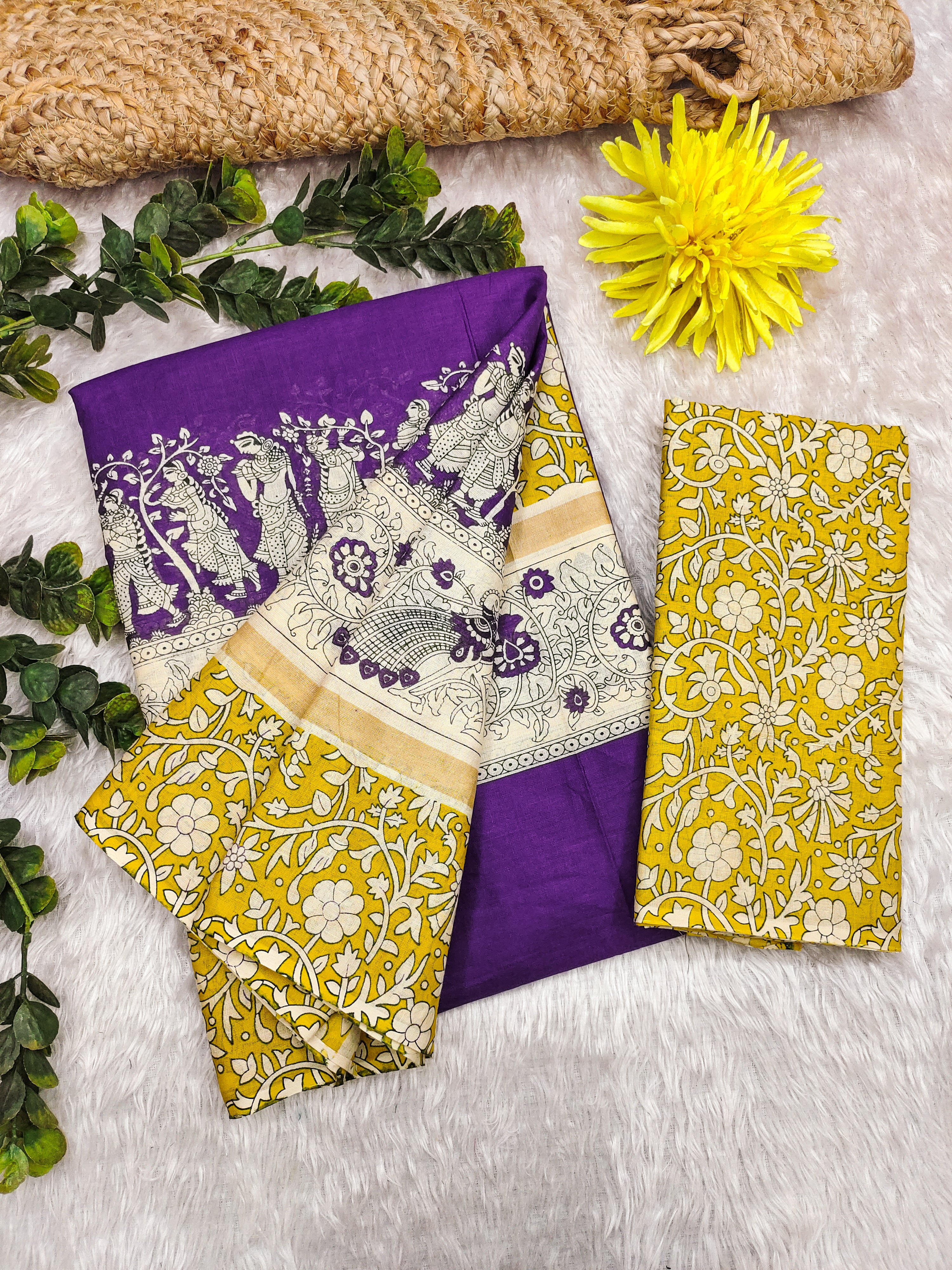 SELFI16 PURE MUL COTTON TRADITIONAL KALMKARI HAND BLOCK PRINT PURPLE SAREE