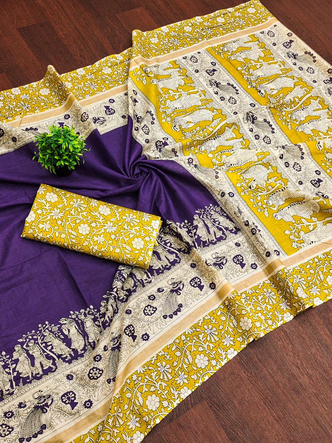 SELFI16 PURE MUL COTTON TRADITIONAL KALMKARI HAND BLOCK PRINT PURPLE SAREE