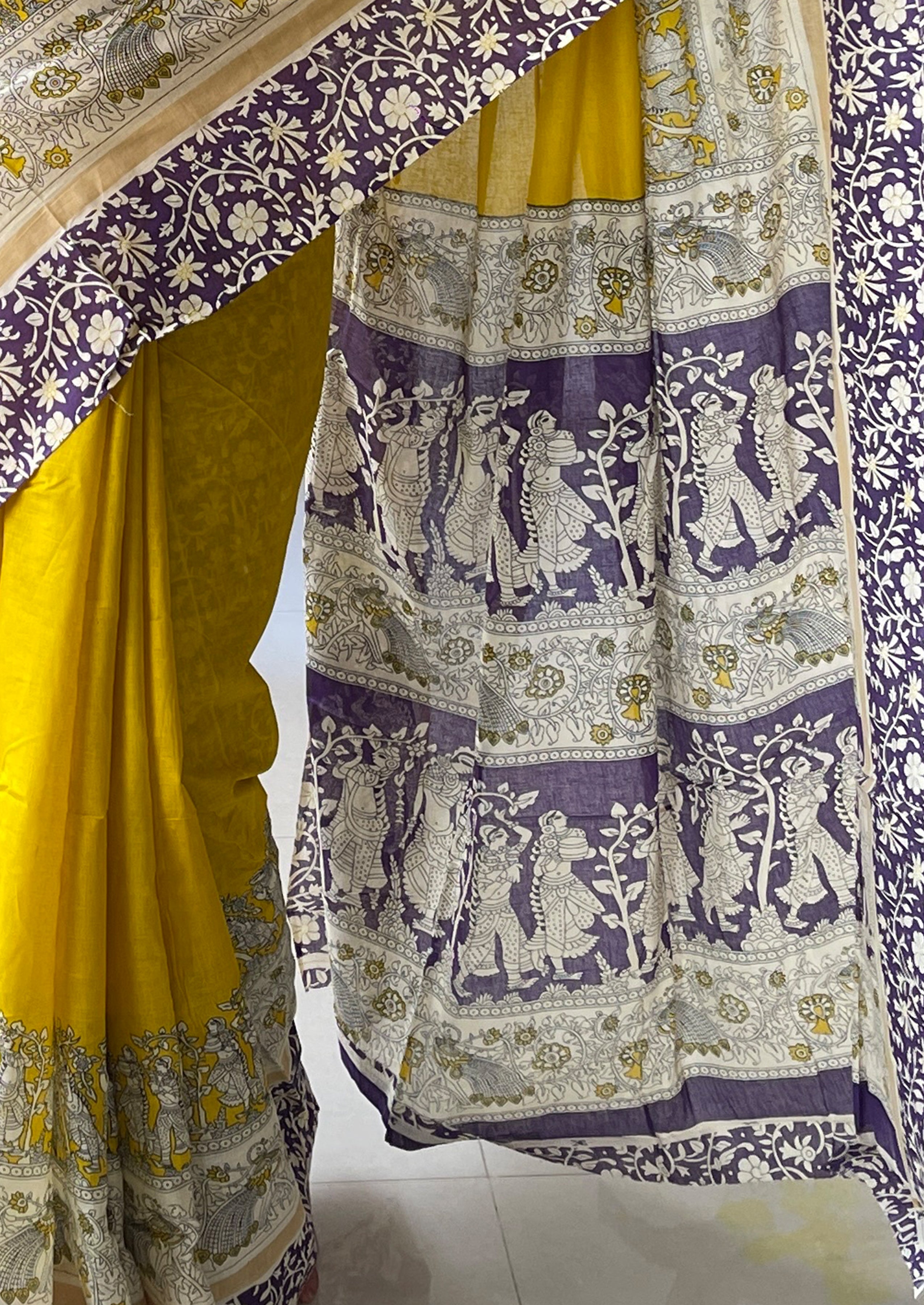 SELFI16 PURE MUL COTTON TRADITIONAL KALMKARI HAND BLOCK PRINT YELLOW SAREE