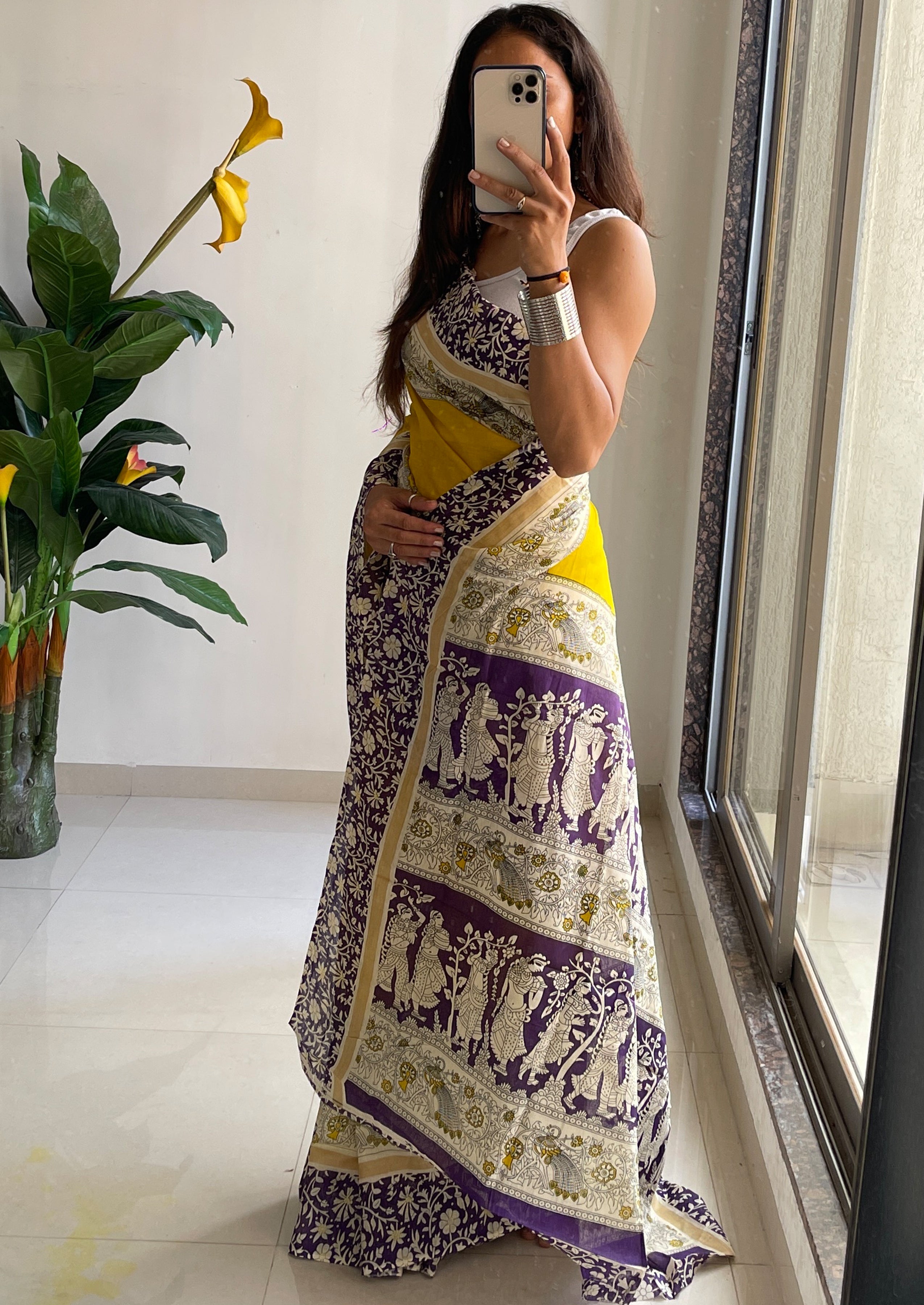 SELFI16 PURE MUL COTTON TRADITIONAL KALMKARI HAND BLOCK PRINT YELLOW SAREE