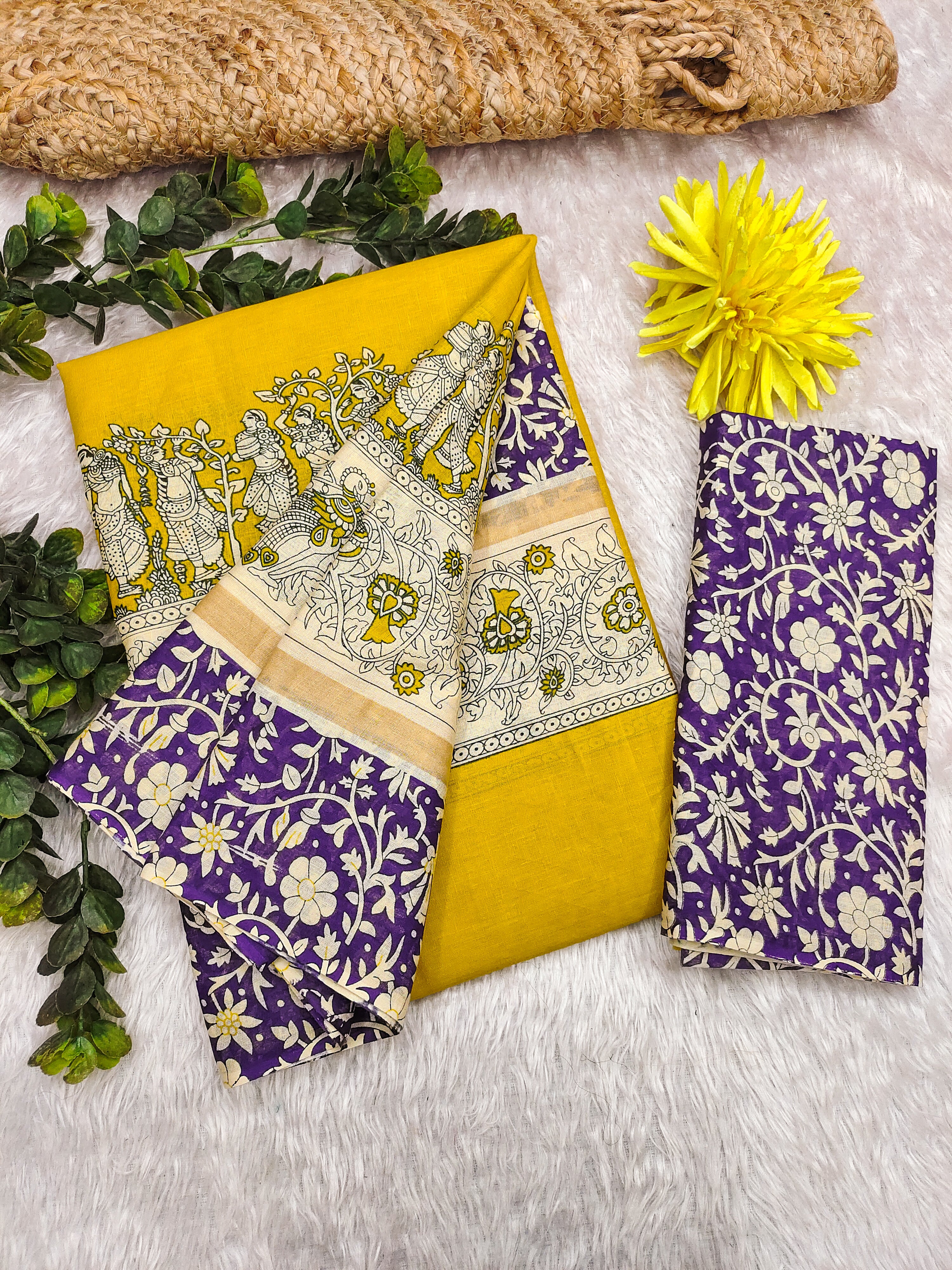 SELFI16 PURE MUL COTTON TRADITIONAL KALMKARI HAND BLOCK PRINT YELLOW SAREE