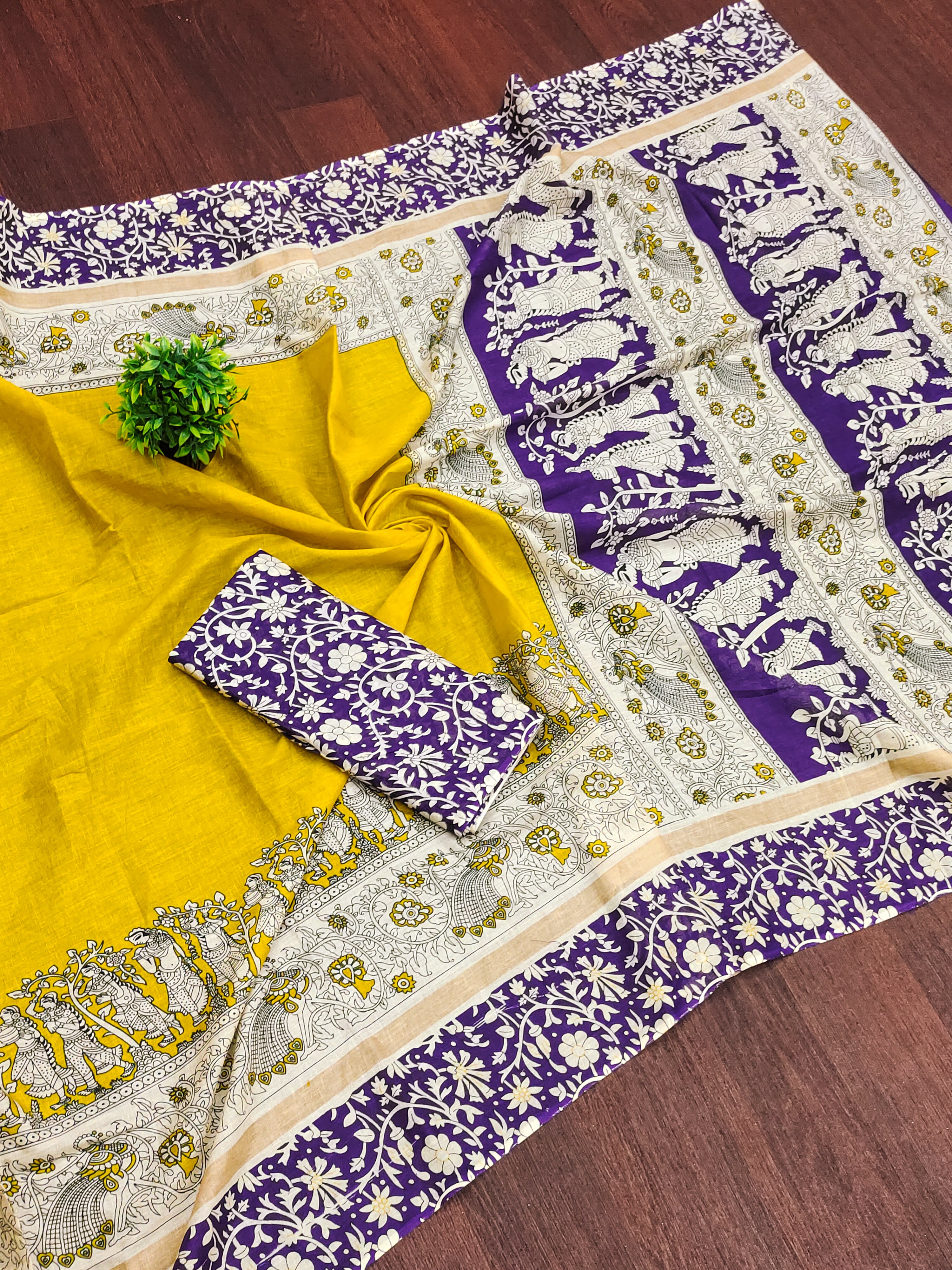 SELFI16 PURE MUL COTTON TRADITIONAL KALMKARI HAND BLOCK PRINT YELLOW SAREE