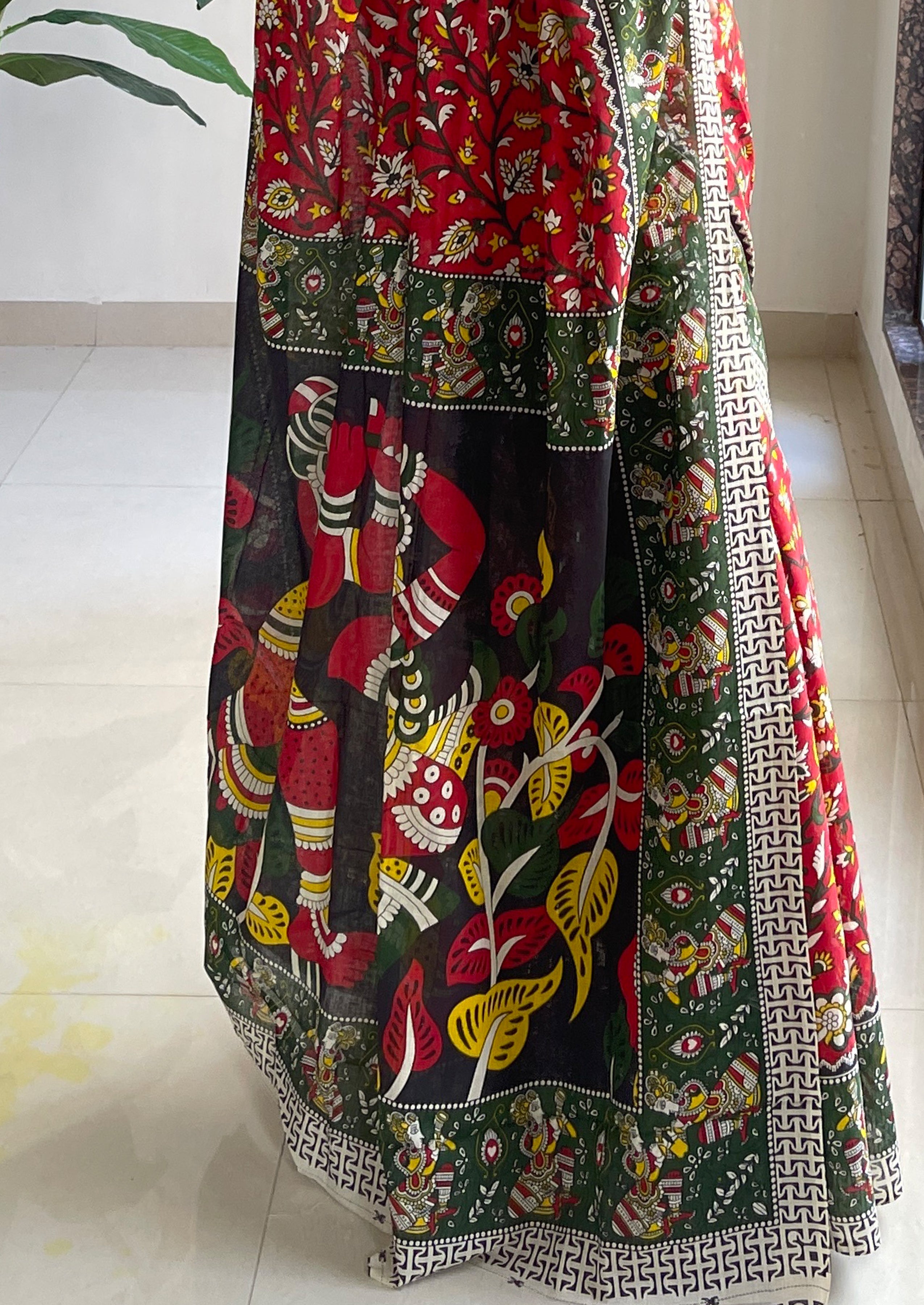 SELFI 17 PURE MULMUL COTTON TRADITIONAL KALMKARI HANDBLOCK PRINT RED SAREE