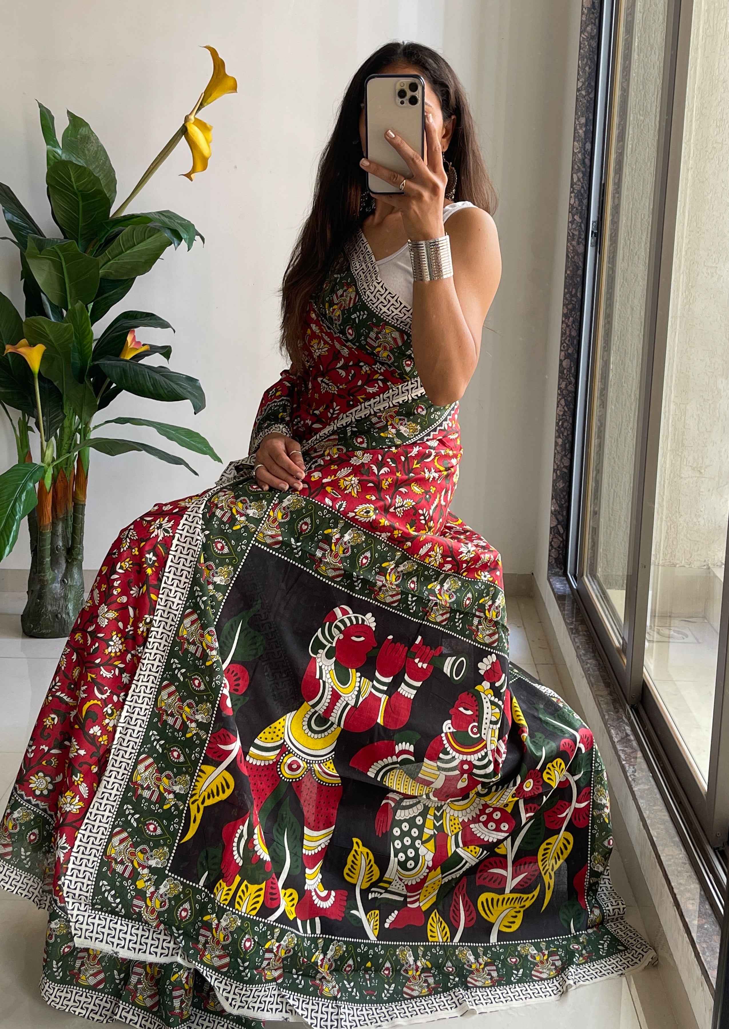 SELFI 17 PURE MULMUL COTTON TRADITIONAL KALMKARI HANDBLOCK PRINT RED SAREE