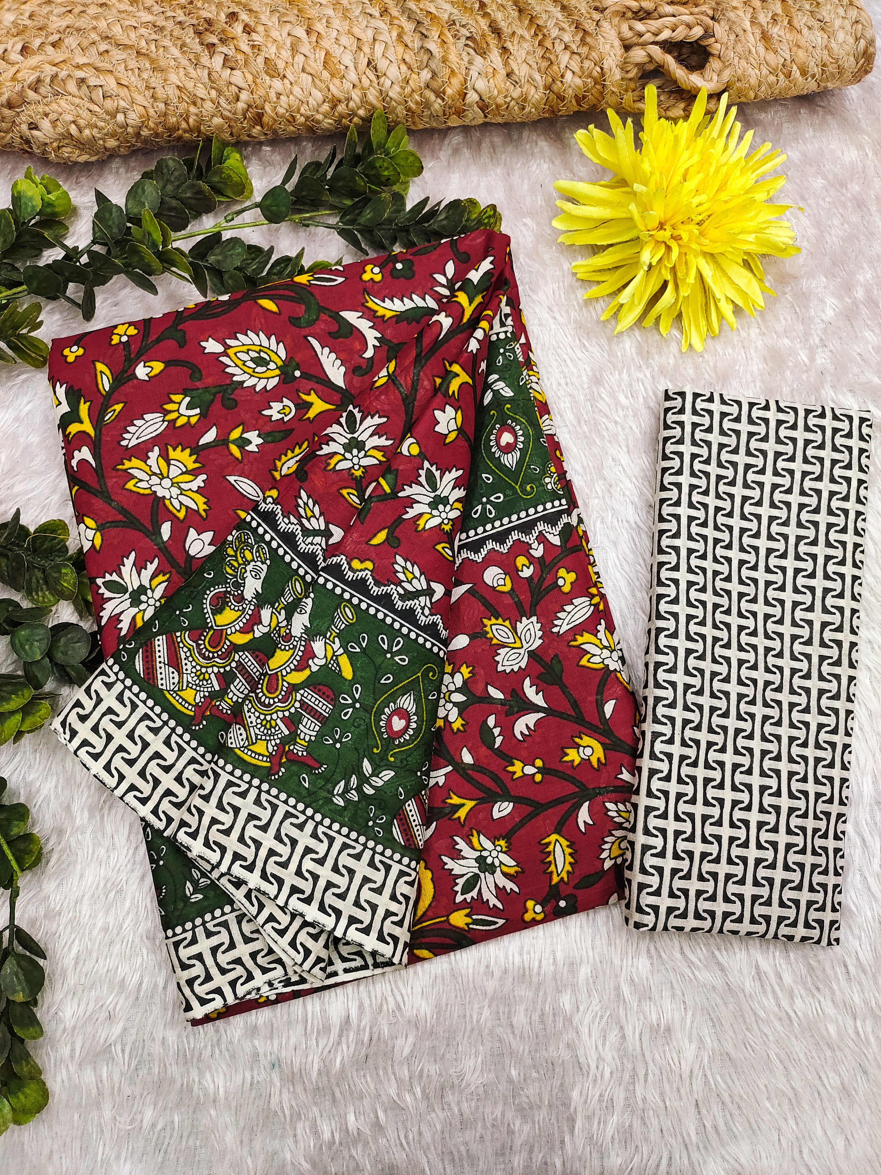 SELFI 17 PURE MULMUL COTTON TRADITIONAL KALMKARI HANDBLOCK PRINT RED SAREE