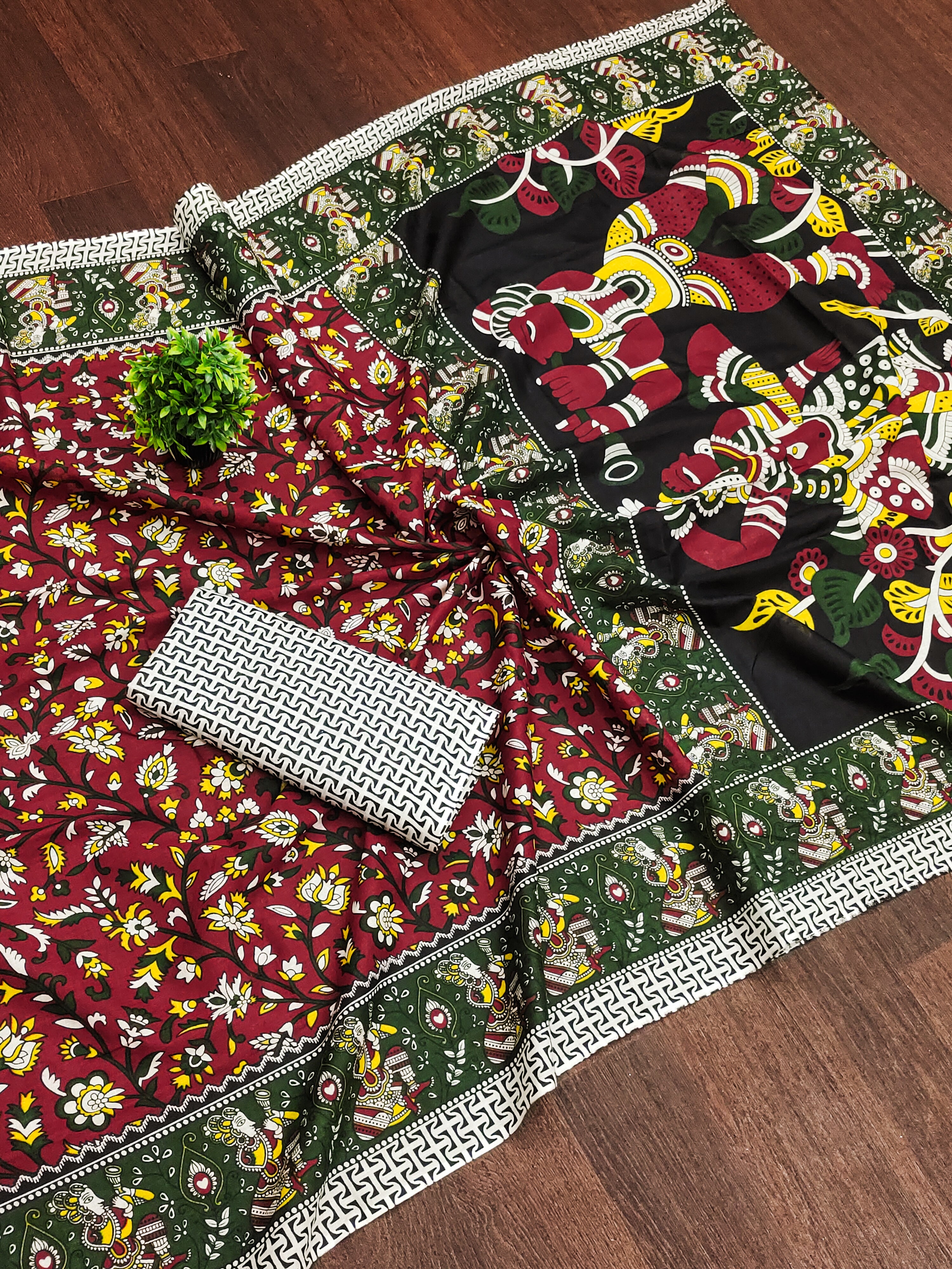 SELFI 17 PURE MULMUL COTTON TRADITIONAL KALMKARI HANDBLOCK PRINT RED SAREE