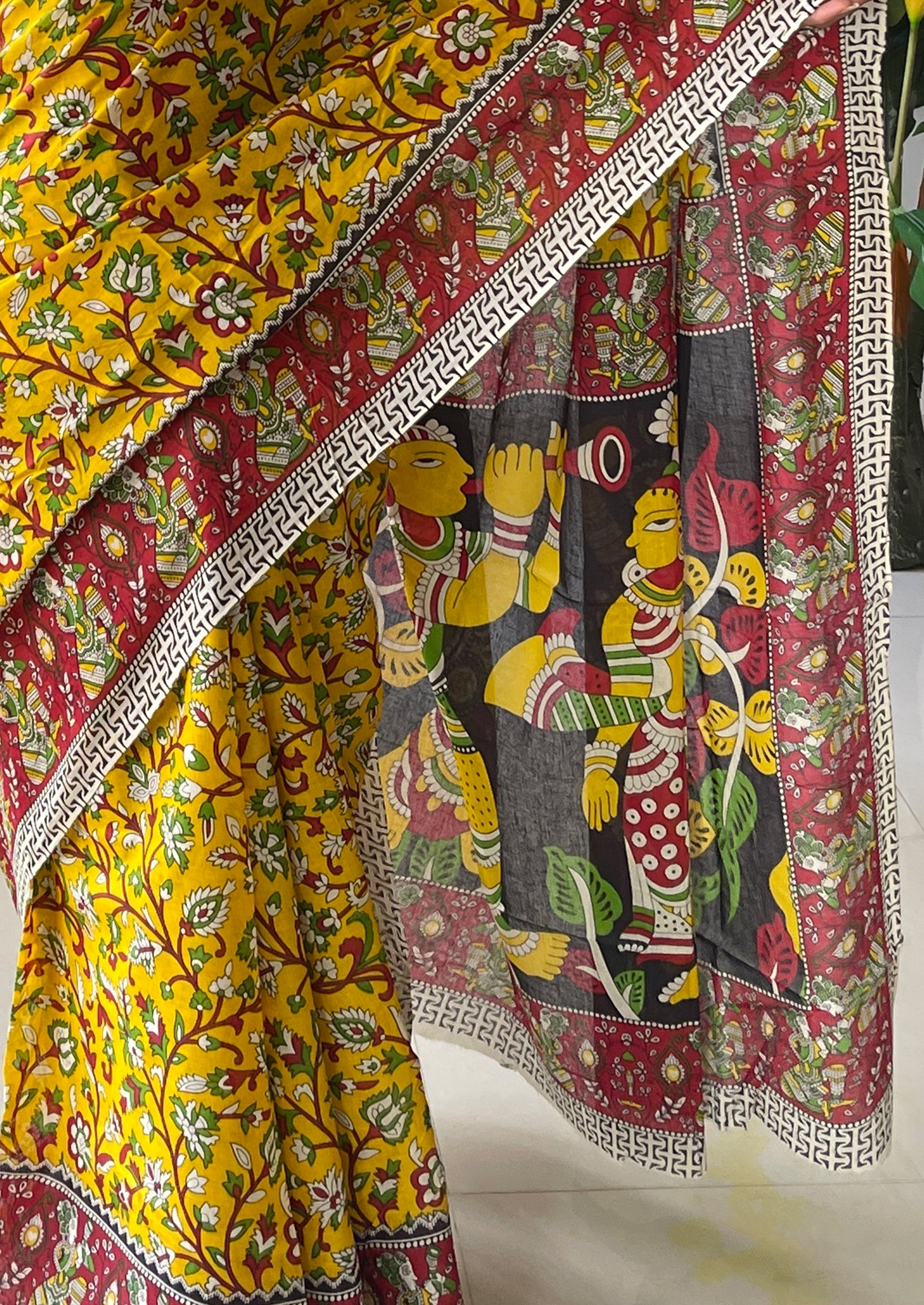 SELFI 17 PURE MULMUL COTTON TRADITIONAL KALMKARI HANDBLOCK PRINT YELLOW SAREE