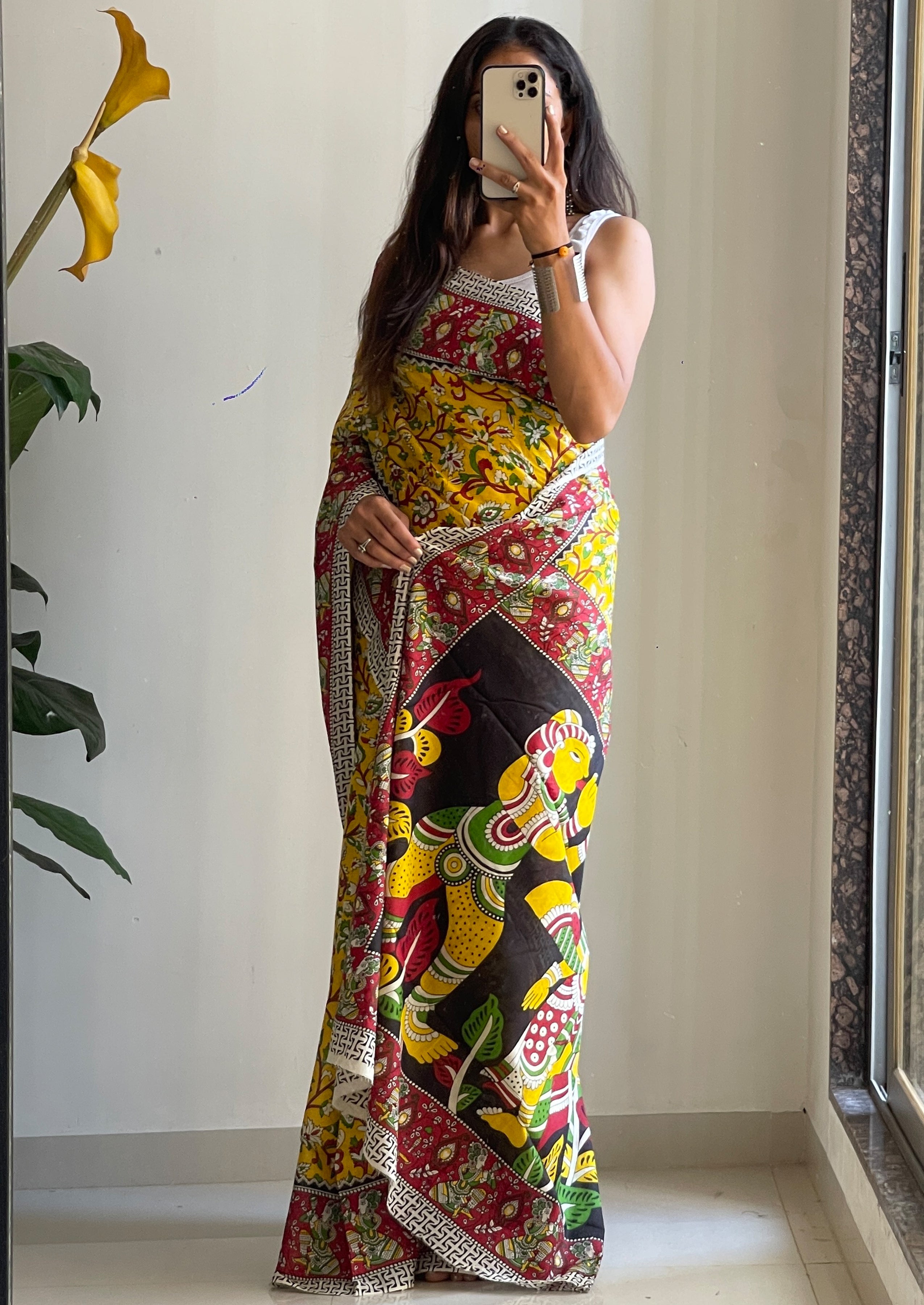 SELFI 17 PURE MULMUL COTTON TRADITIONAL KALMKARI HANDBLOCK PRINT YELLOW SAREE