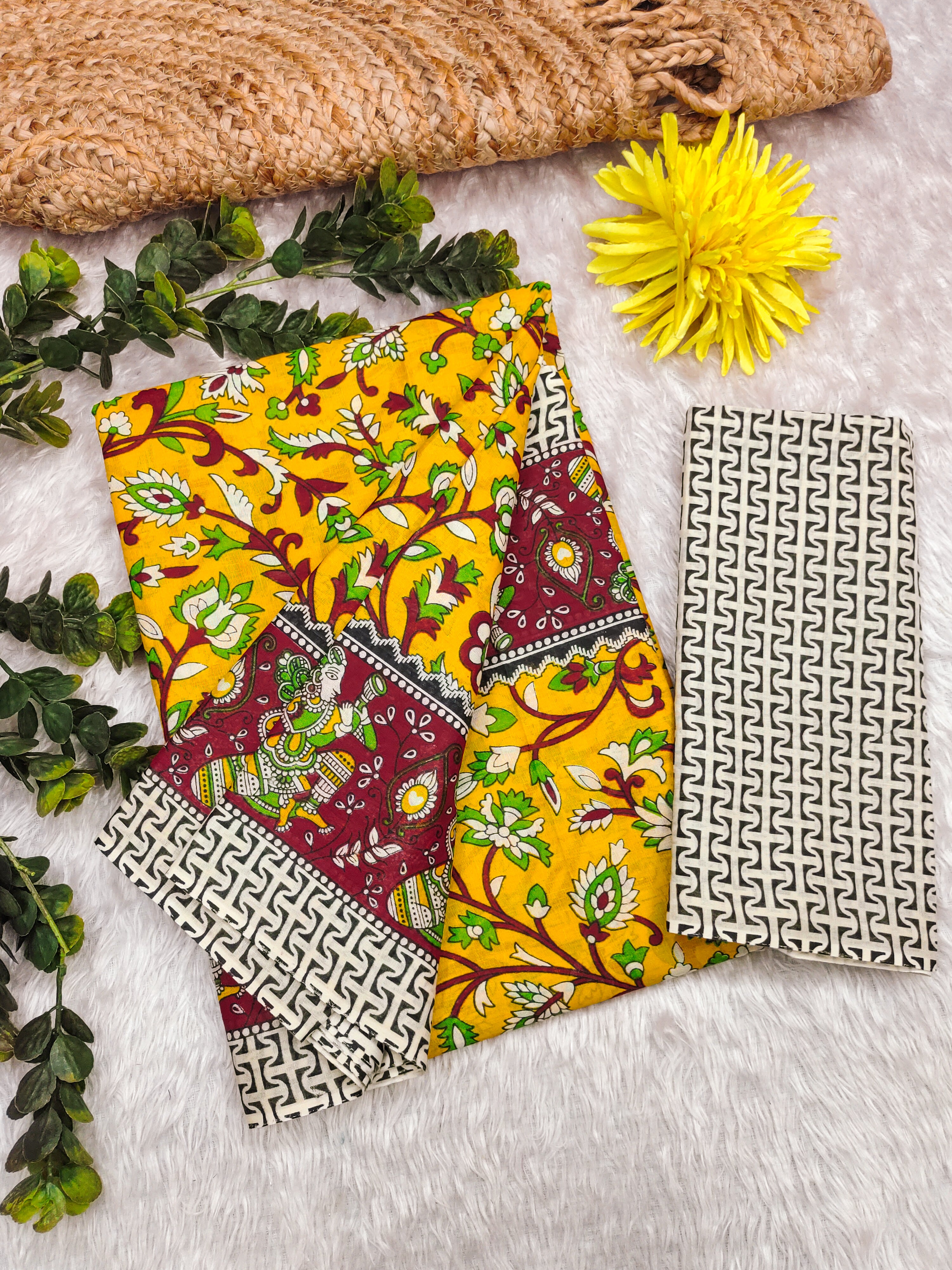 SELFI 17 PURE MULMUL COTTON TRADITIONAL KALMKARI HANDBLOCK PRINT YELLOW SAREE