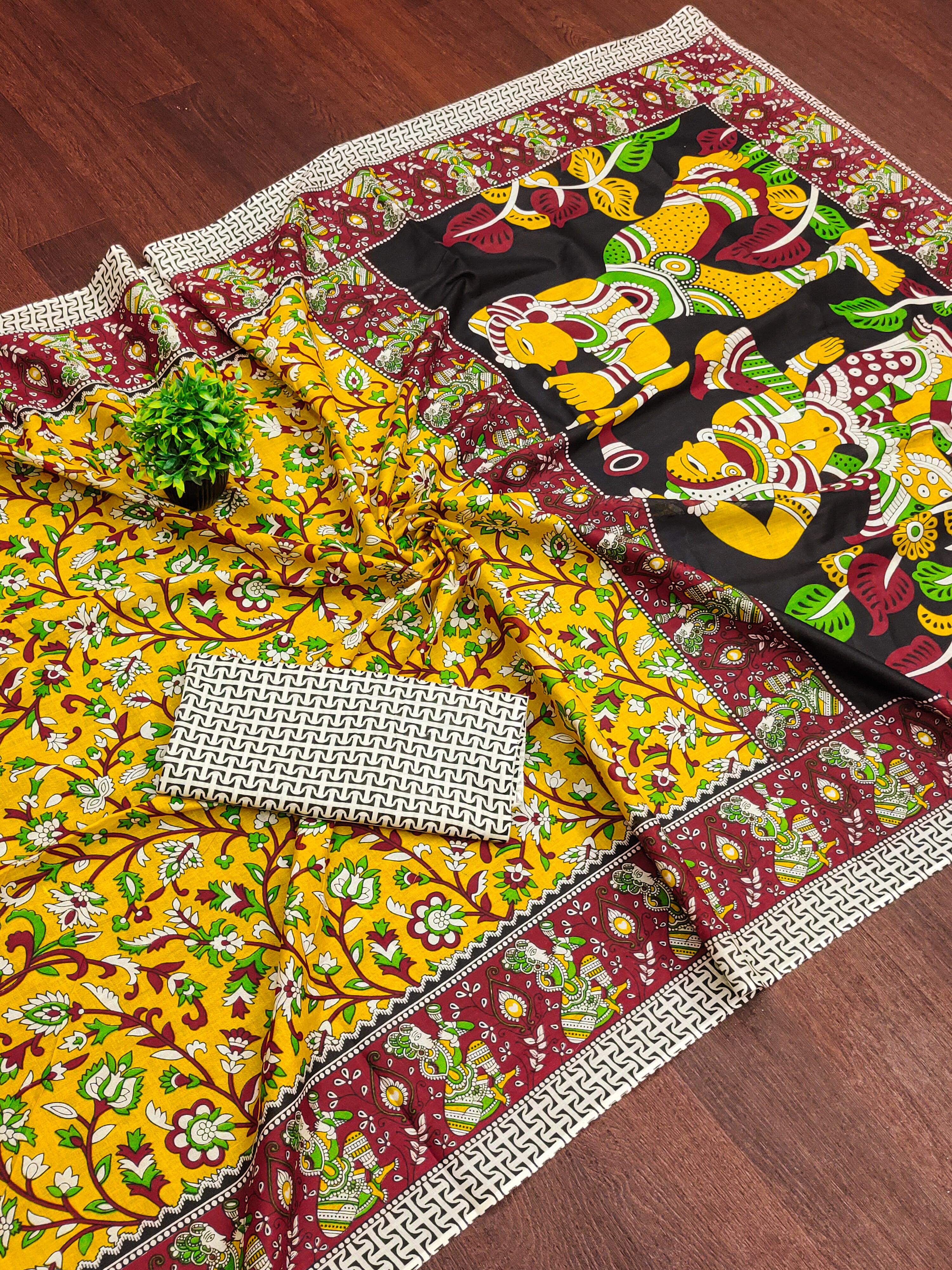 SELFI 17 PURE MULMUL COTTON TRADITIONAL KALMKARI HANDBLOCK PRINT YELLOW SAREE