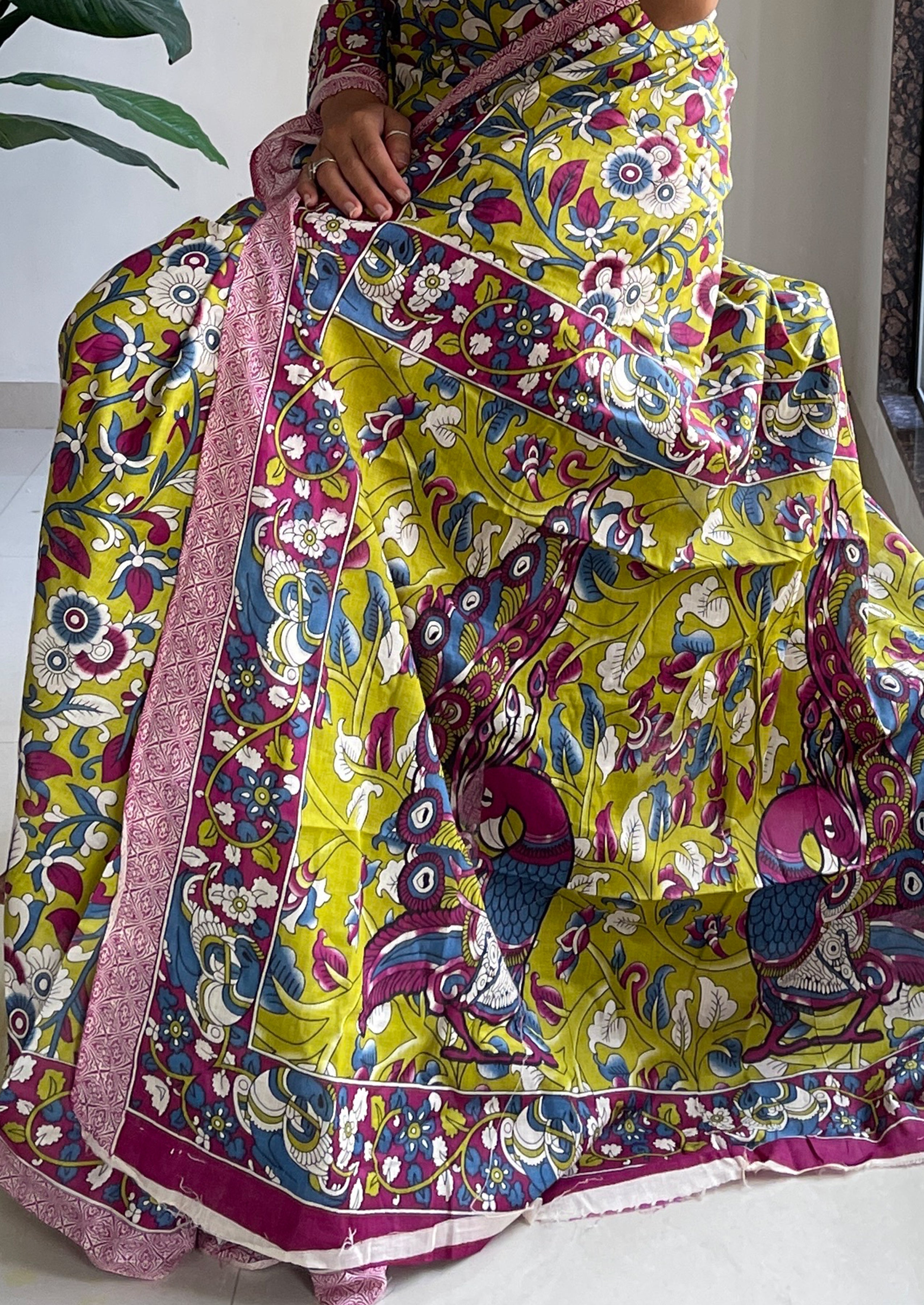 SELFI18 PURE MUL COTTON TRADITIONAL KALMKARI HANDBLOCK PRINT GREEN SAREE