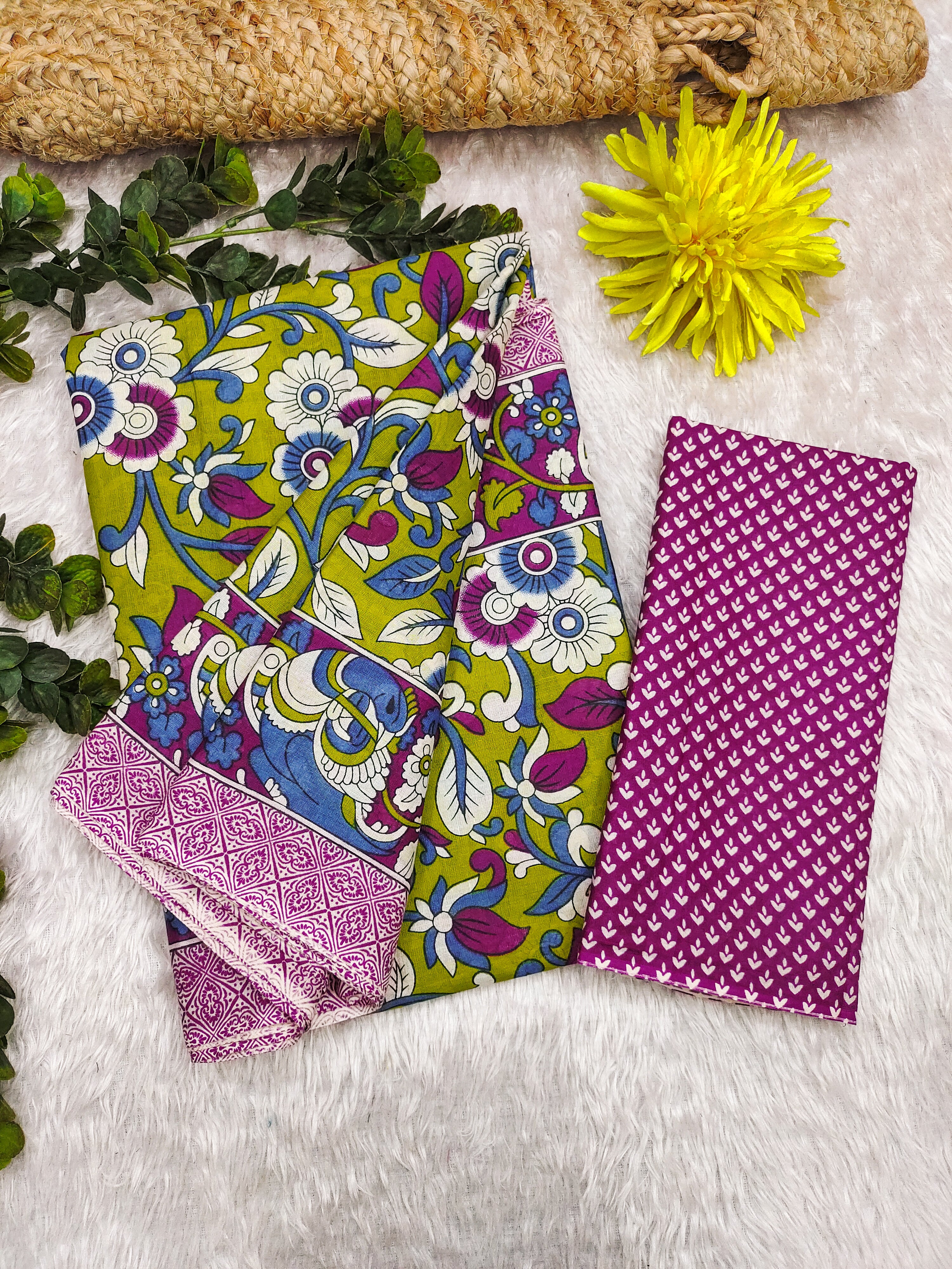 SELFI18 PURE MUL COTTON TRADITIONAL KALMKARI HANDBLOCK PRINT GREEN SAREE