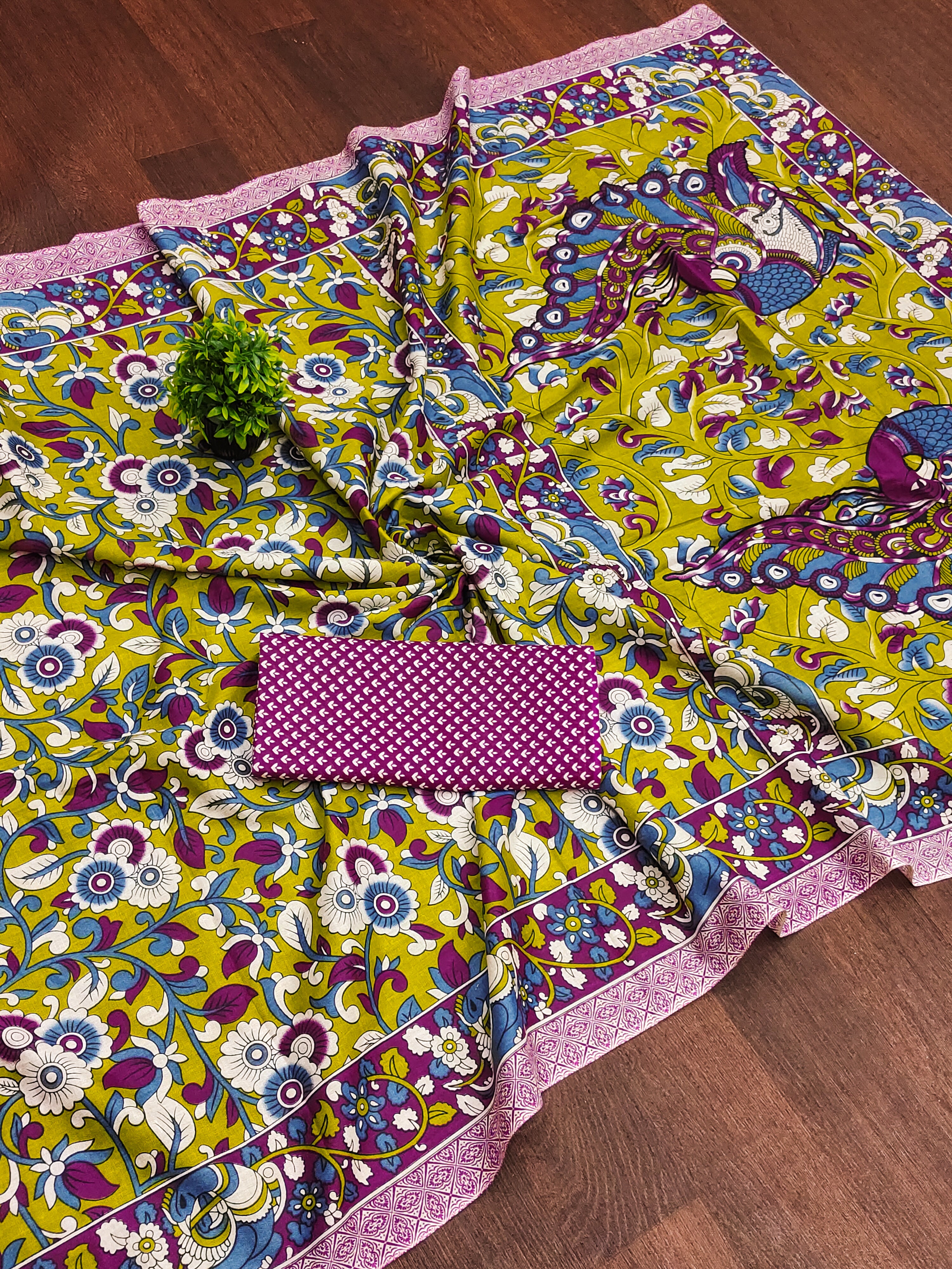 SELFI18 PURE MUL COTTON TRADITIONAL KALMKARI HANDBLOCK PRINT GREEN SAREE