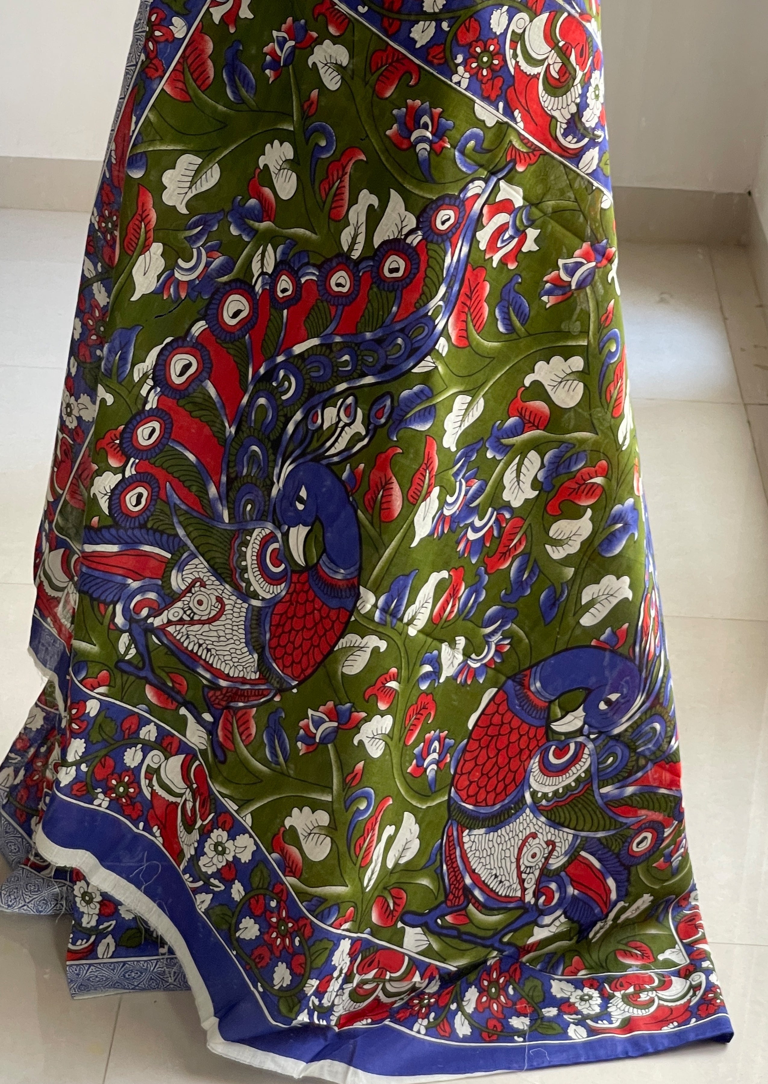 SELFI18 PURE MUL COTTON TRADITIONAL KALMKARI HANDBLOCK PRINT OLIVE GREEN SAREE