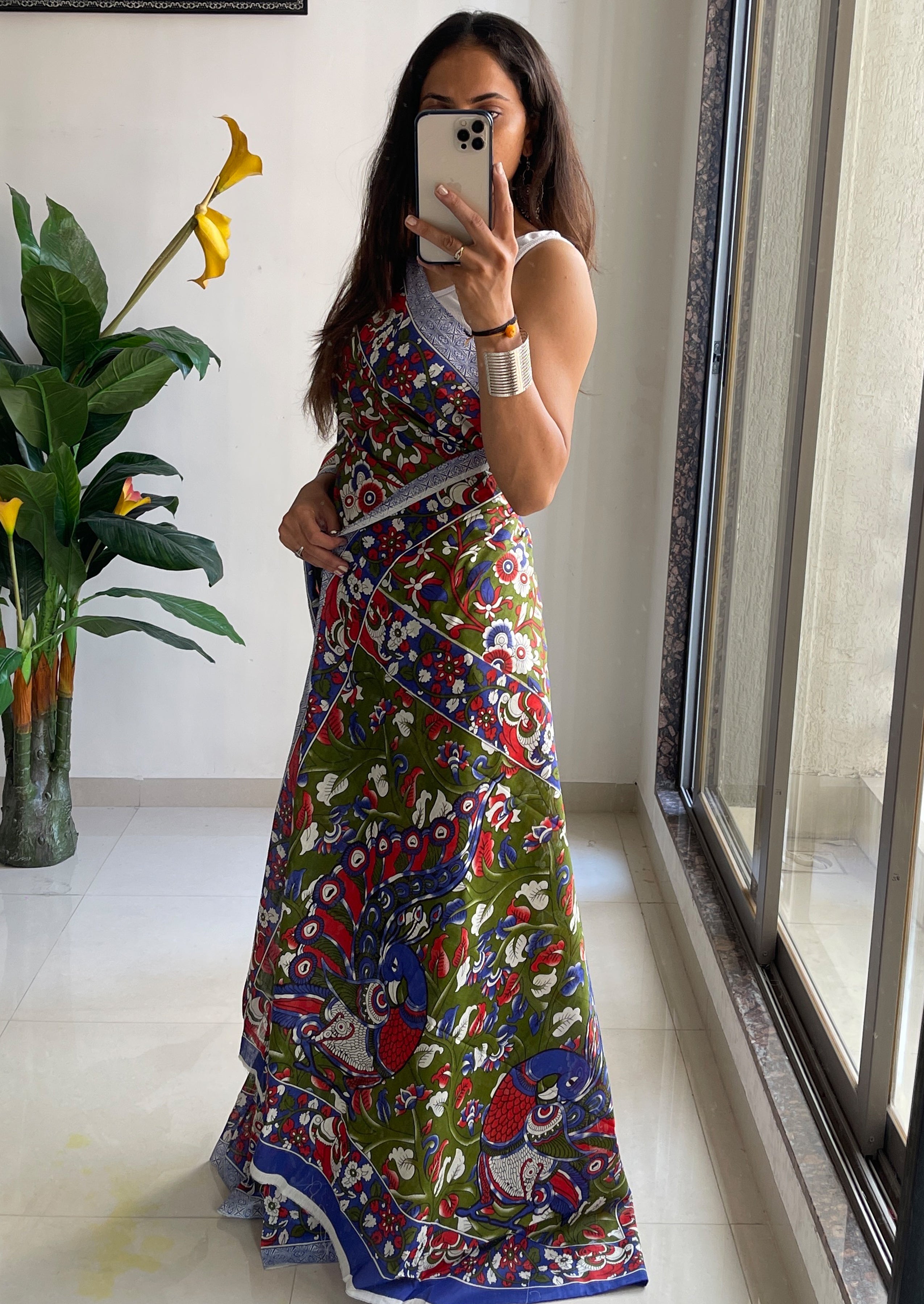 SELFI18 PURE MUL COTTON TRADITIONAL KALMKARI HANDBLOCK PRINT OLIVE GREEN SAREE