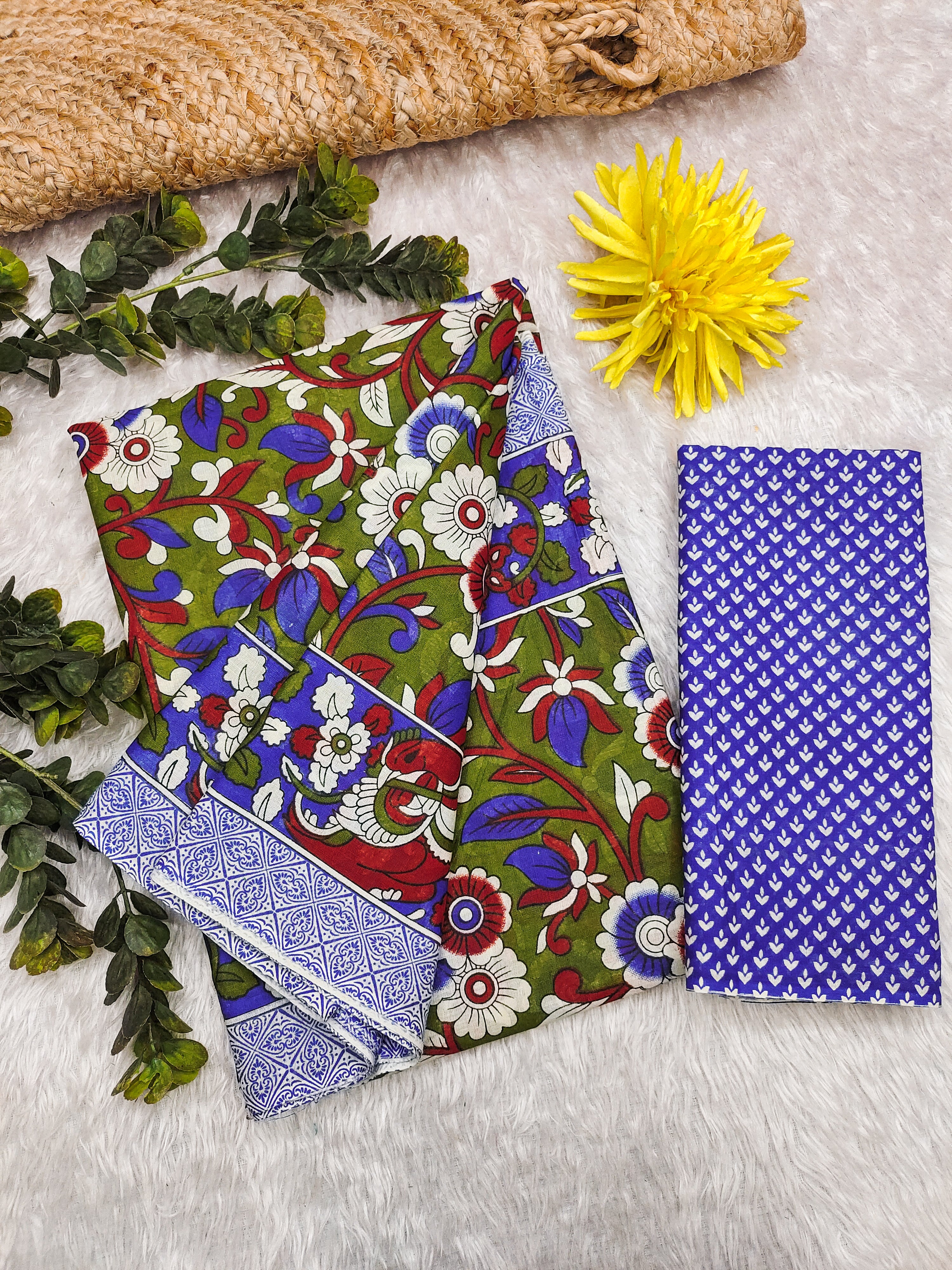 SELFI18 PURE MUL COTTON TRADITIONAL KALMKARI HANDBLOCK PRINT OLIVE GREEN SAREE